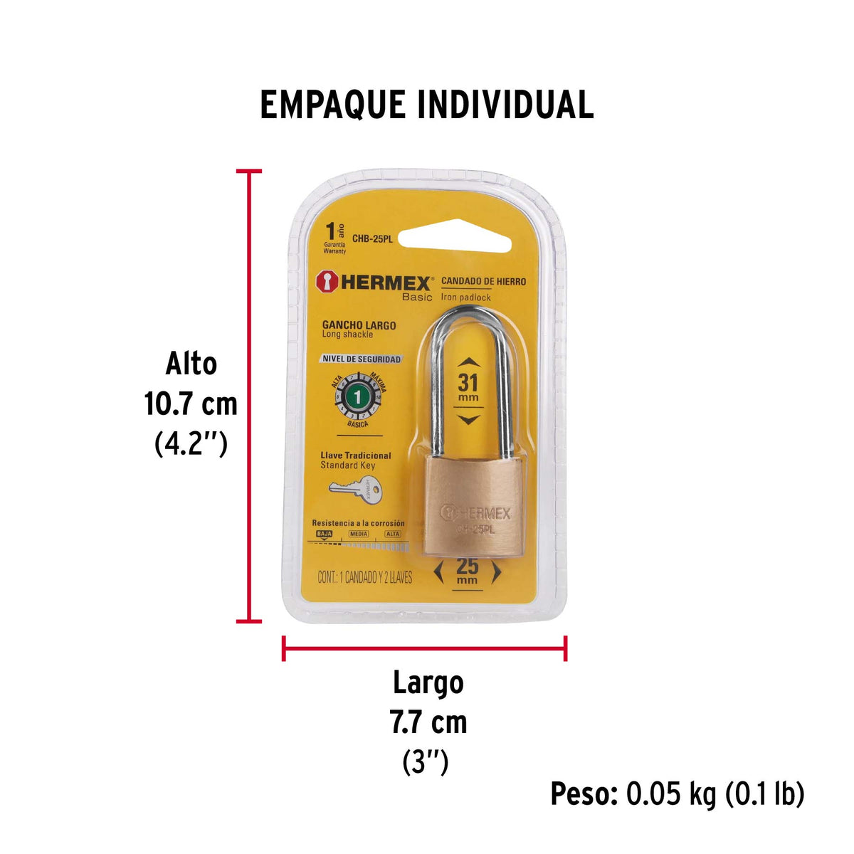 Candado de hierro, 25mm, gancho largo, blister,Hermex Basic