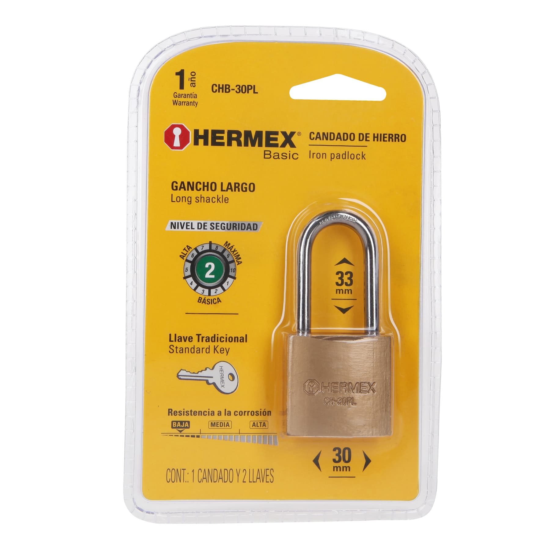 Candado de hierro, 30mm, gancho largo, blister,Hermex Basic