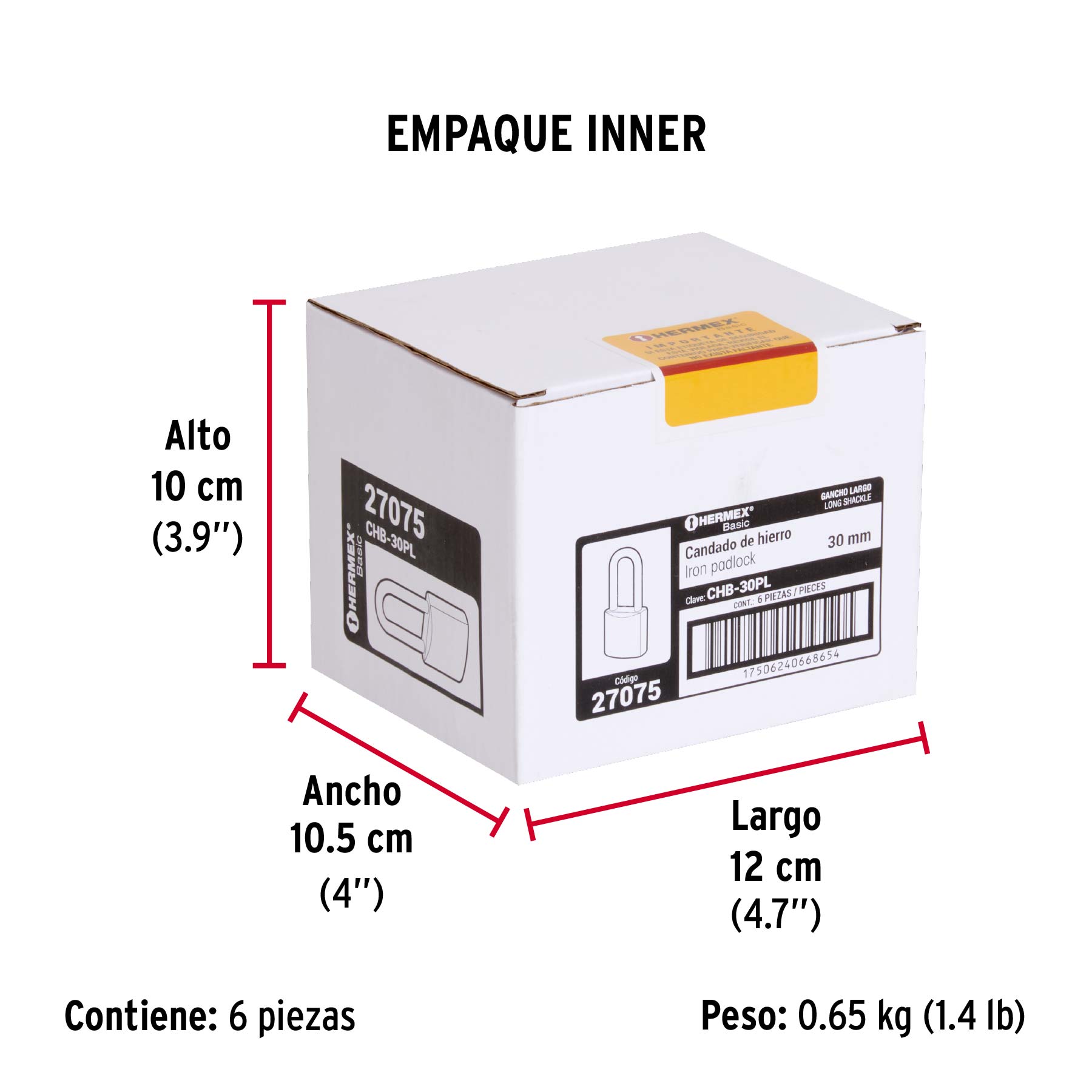 Candado de hierro, 30mm, gancho largo, blister,Hermex Basic