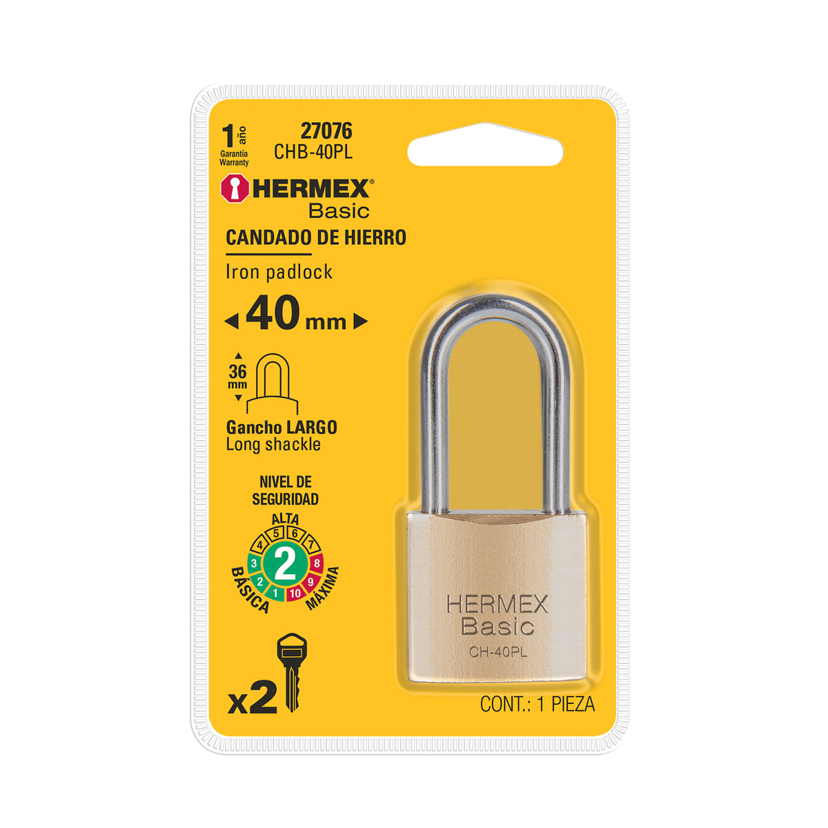 Candado de hierro, 40mm, gancho largo, blister,Hermex Basic