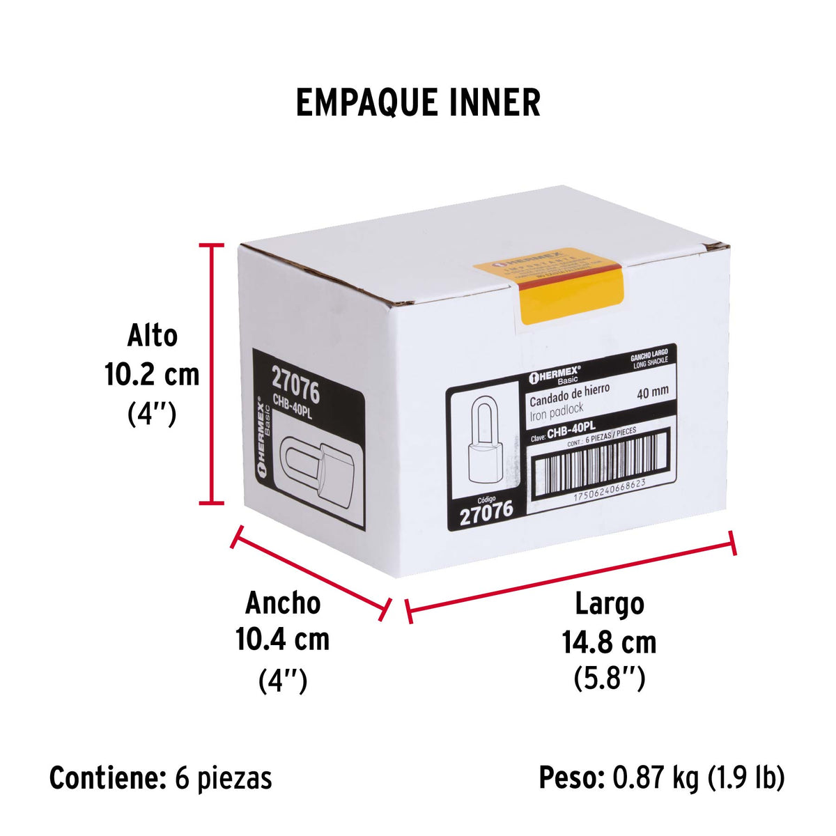 Candado de hierro, 40mm, gancho largo, blister,Hermex Basic