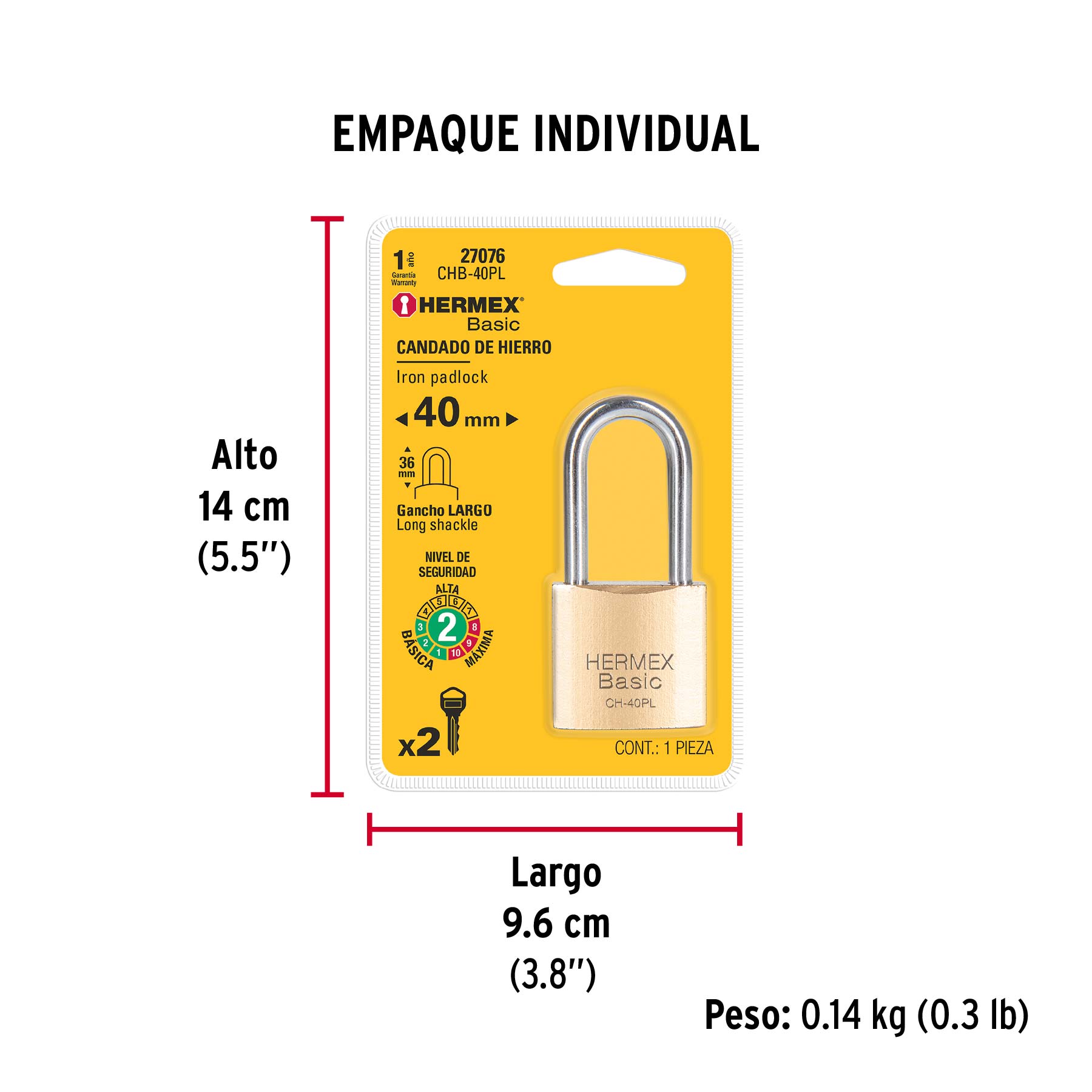 Candado de hierro, 40mm, gancho largo, blister,Hermex Basic
