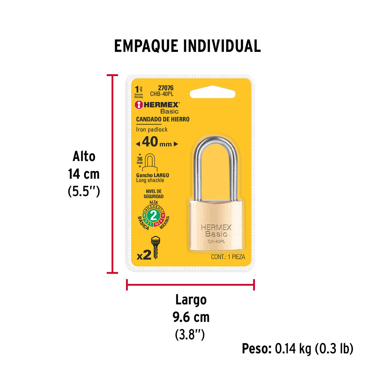 Candado de hierro, 40mm, gancho largo, blister,Hermex Basic