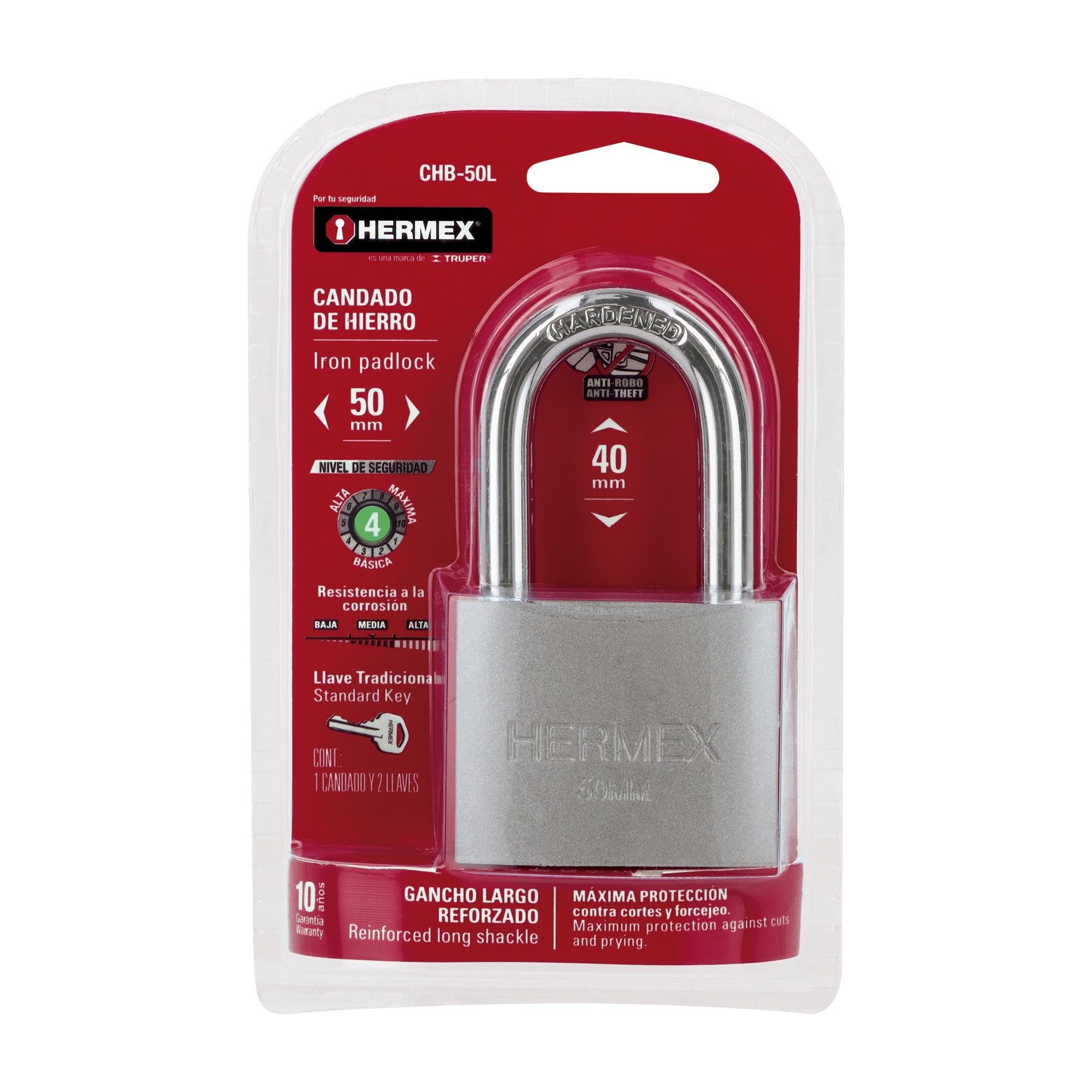 Candado de hierro, 50mm, gancho largo, blister