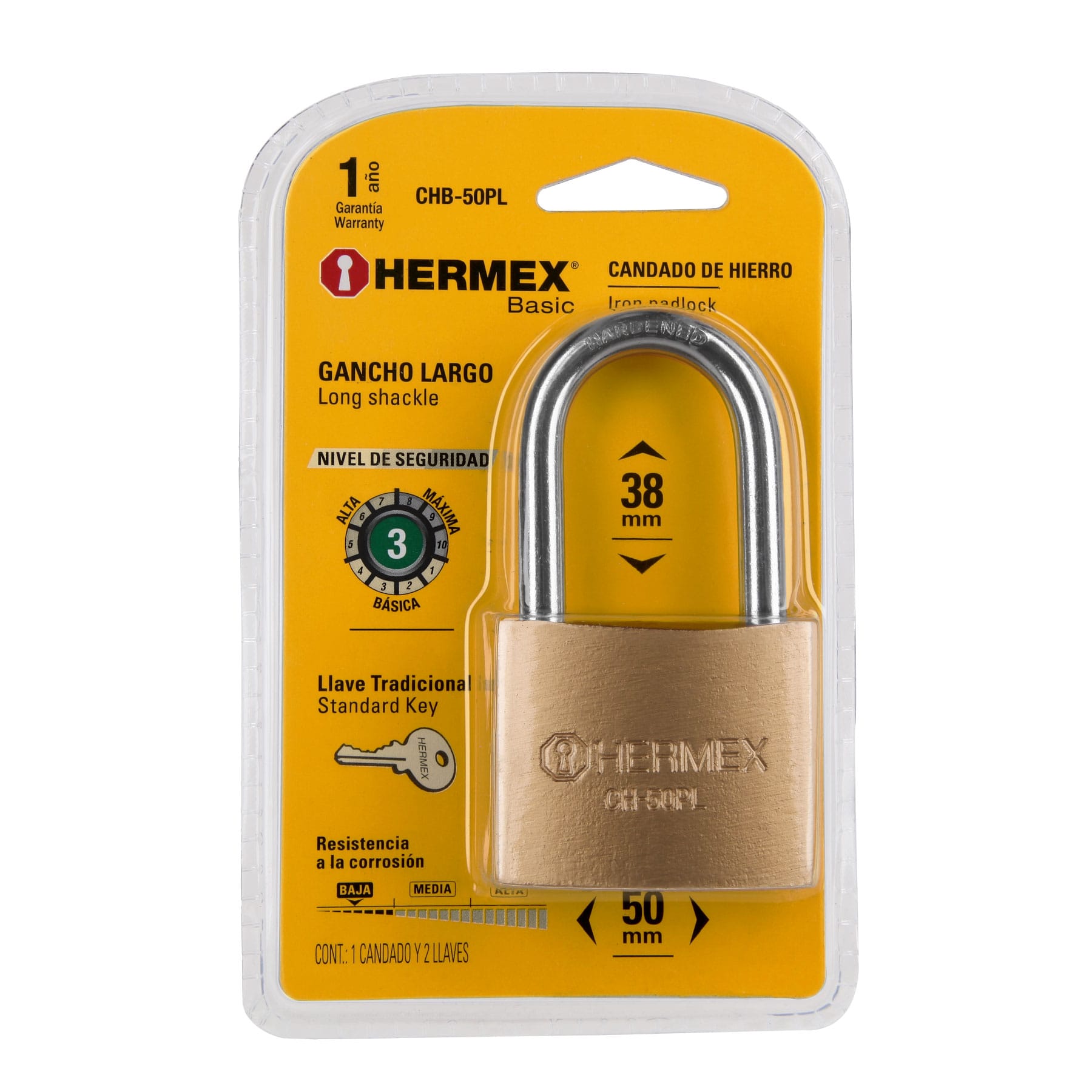 Candado de hierro, 50mm, gancho largo, blister,Hermex Basic