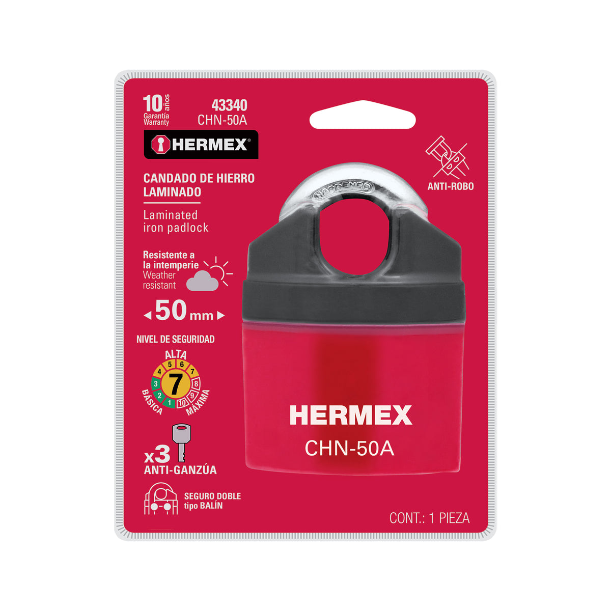 Candado de hierro, 50mm, llave anti-ganzúa, blister