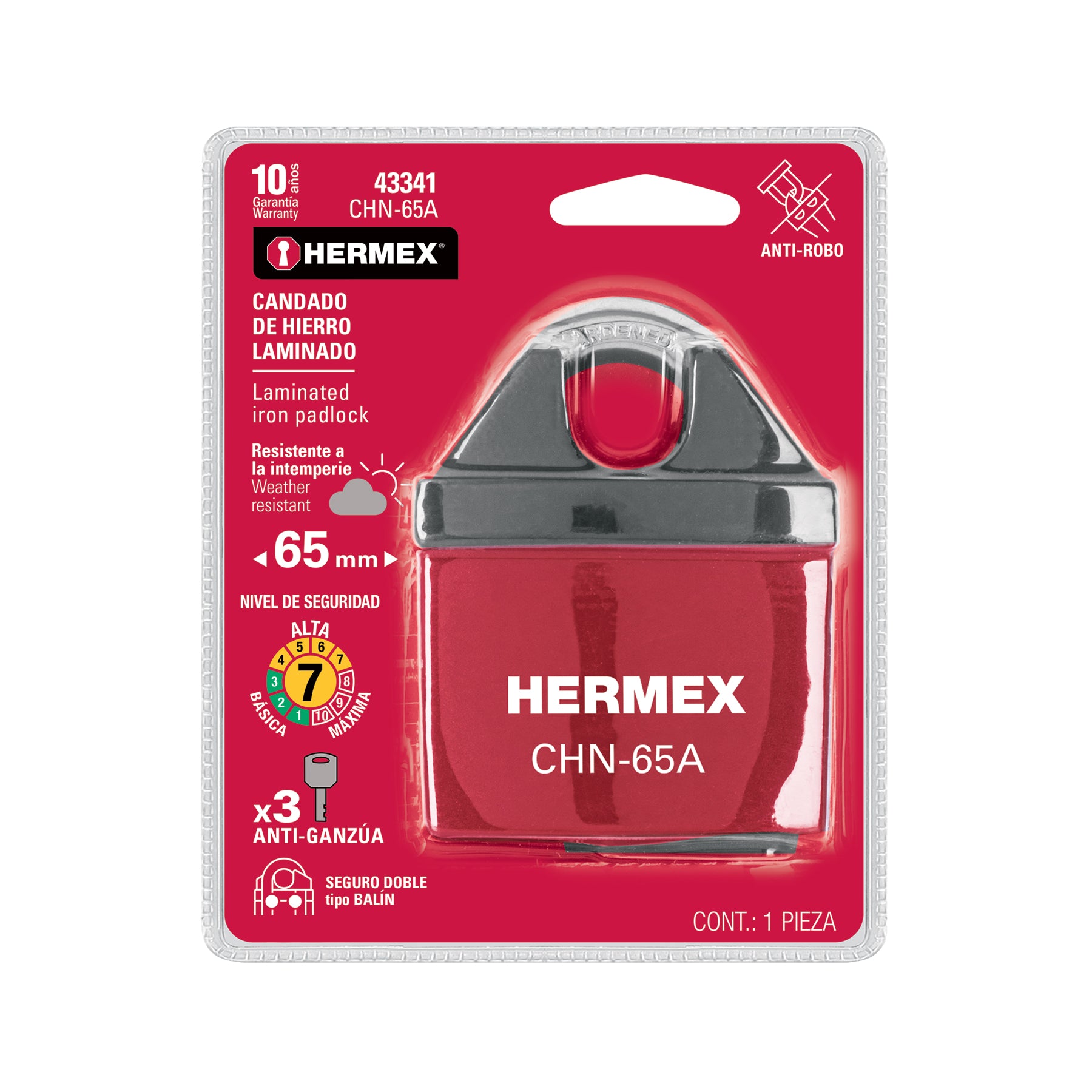 Candado de hierro, 65mm, llave anti-ganzúa, blister