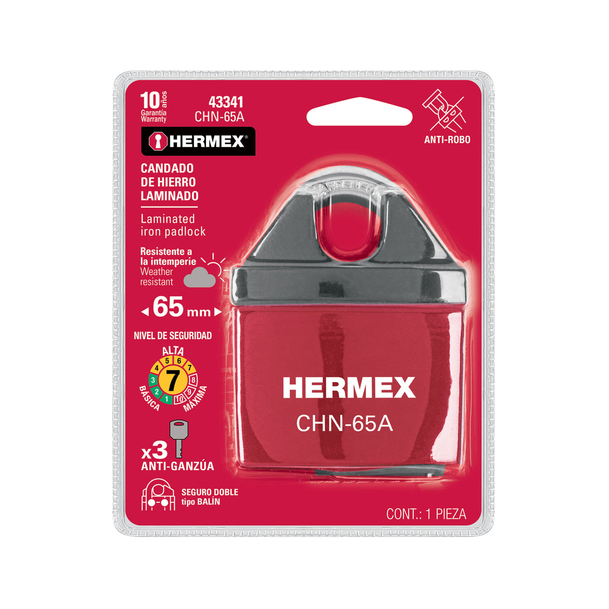 Candado de hierro, 65mm, llave anti-ganzúa, blister