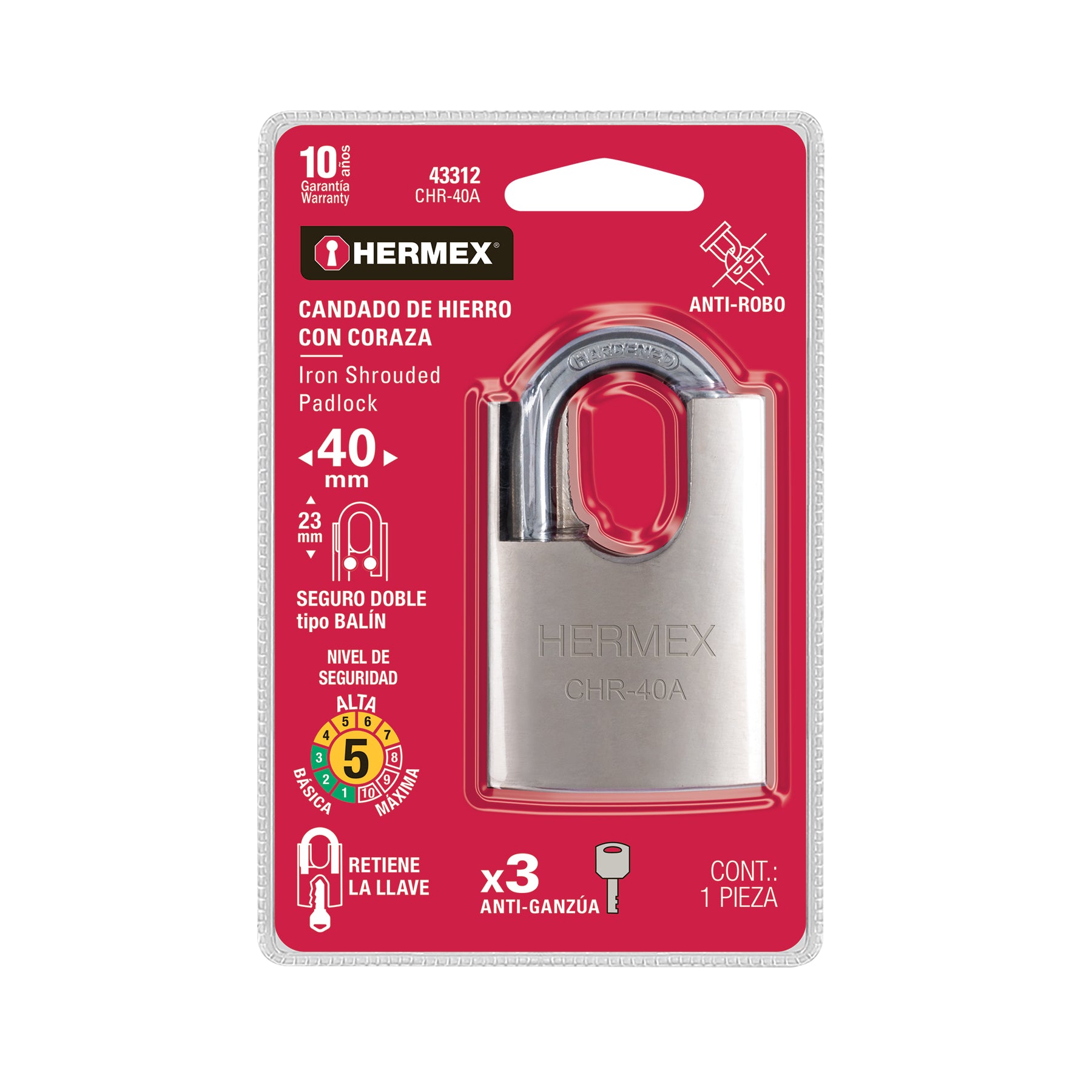 Candado de hierro con coraza, 40mm, llave anti-ganzúa