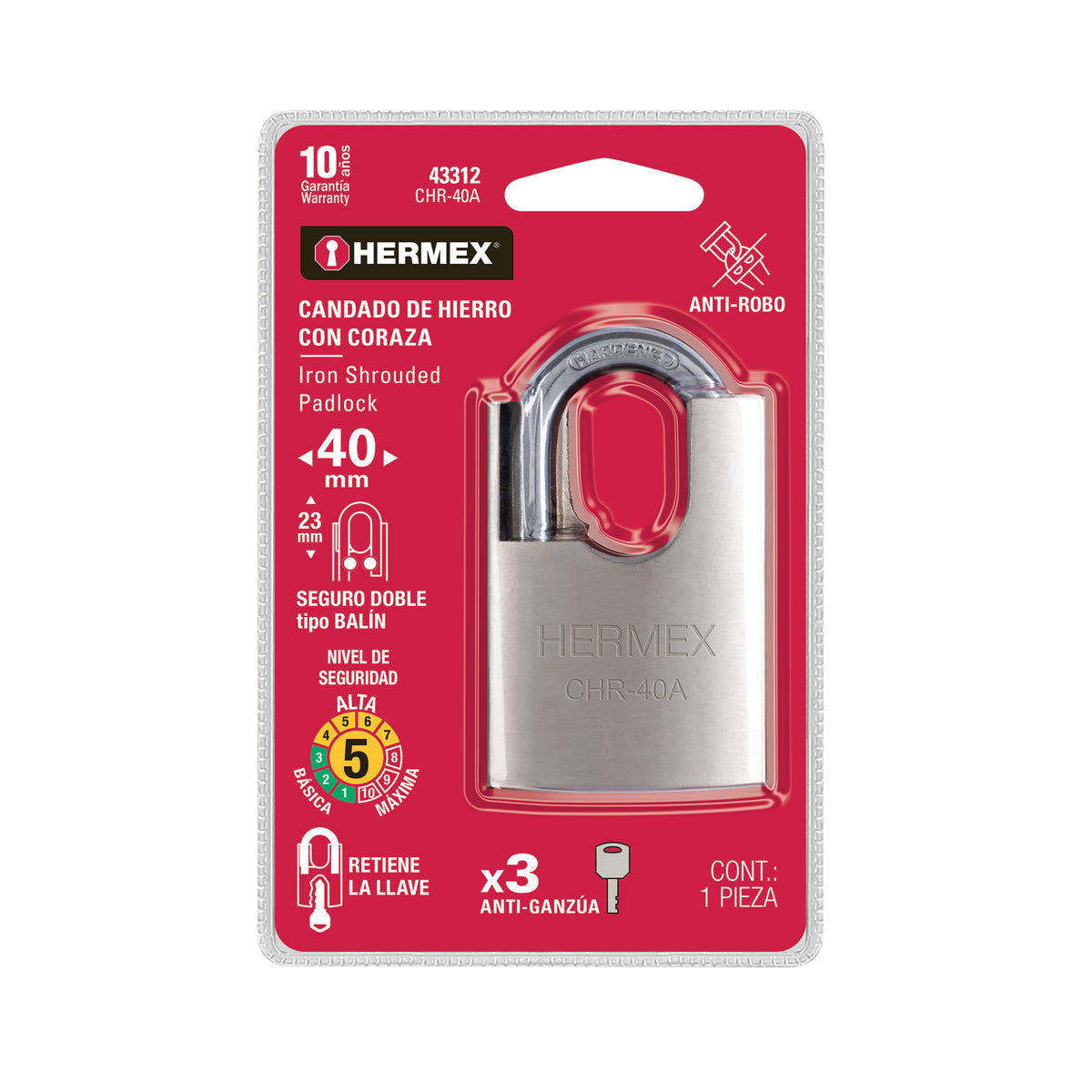 Candado de hierro con coraza, 40mm, llave anti-ganzúa