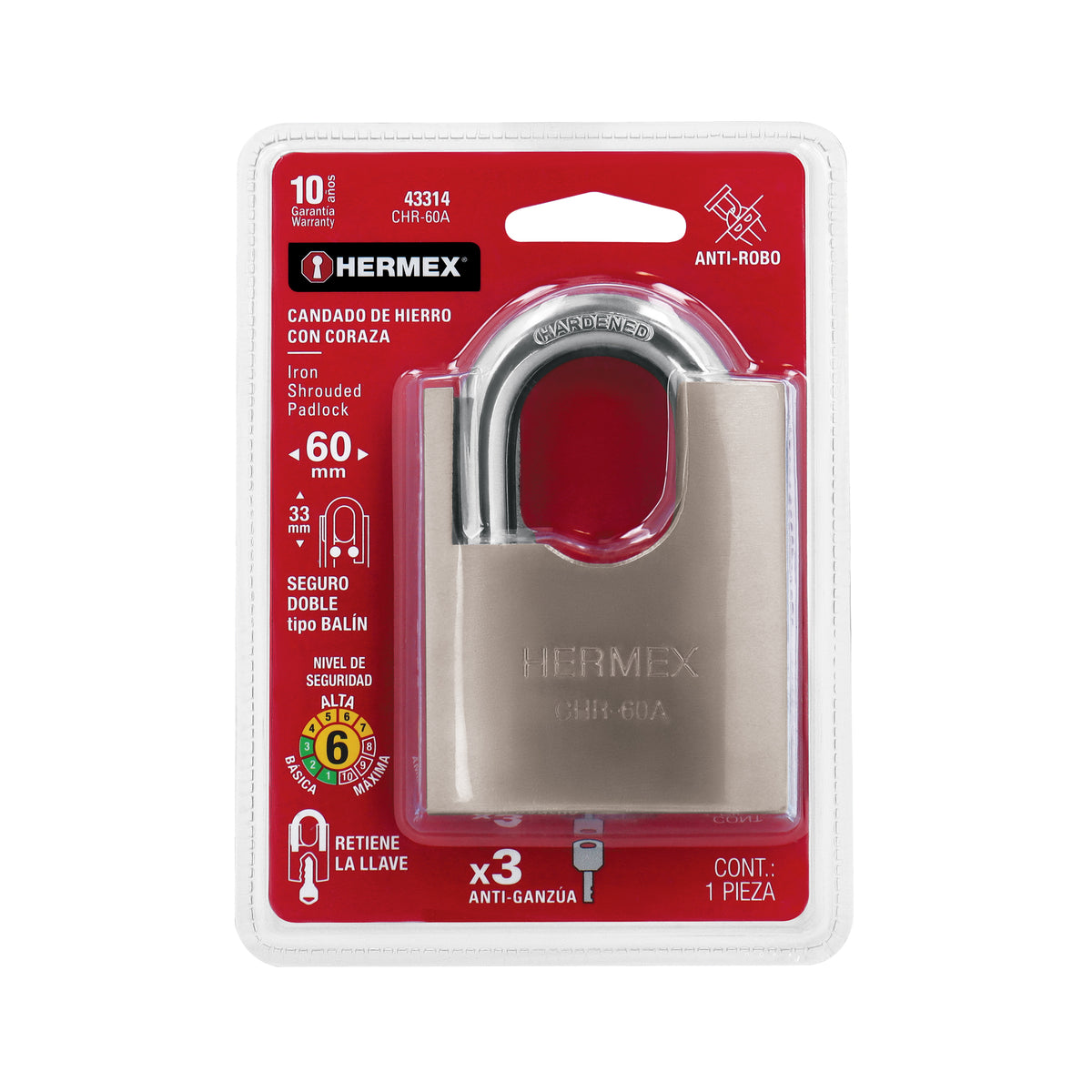 Candado de hierro con coraza, 60mm, llave anti-ganzúa