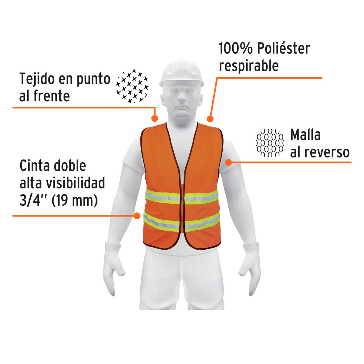 Chaleco de seguridad, alta visibilidad, con cierre, naranja