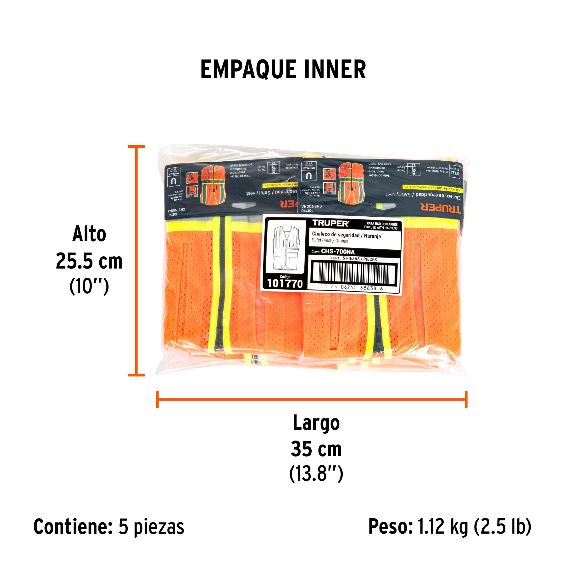 Chaleco de seguridad para arnés, alta visibilidad, naranja