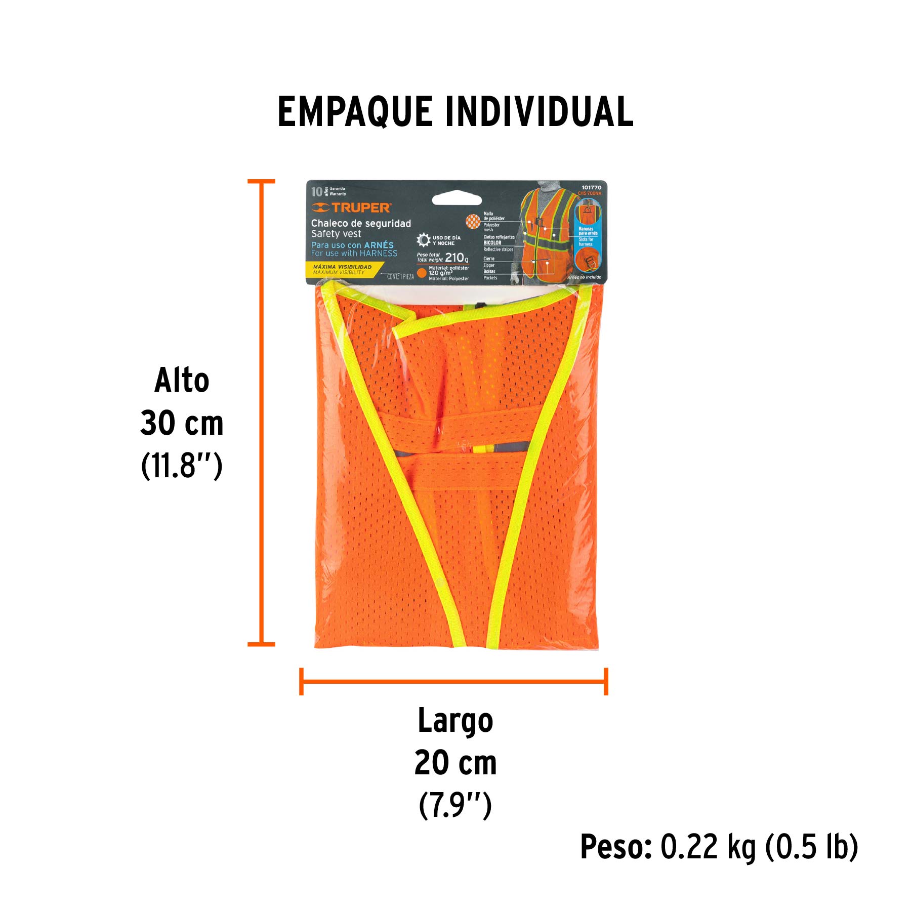 Chaleco de seguridad para arnés, alta visibilidad, naranja