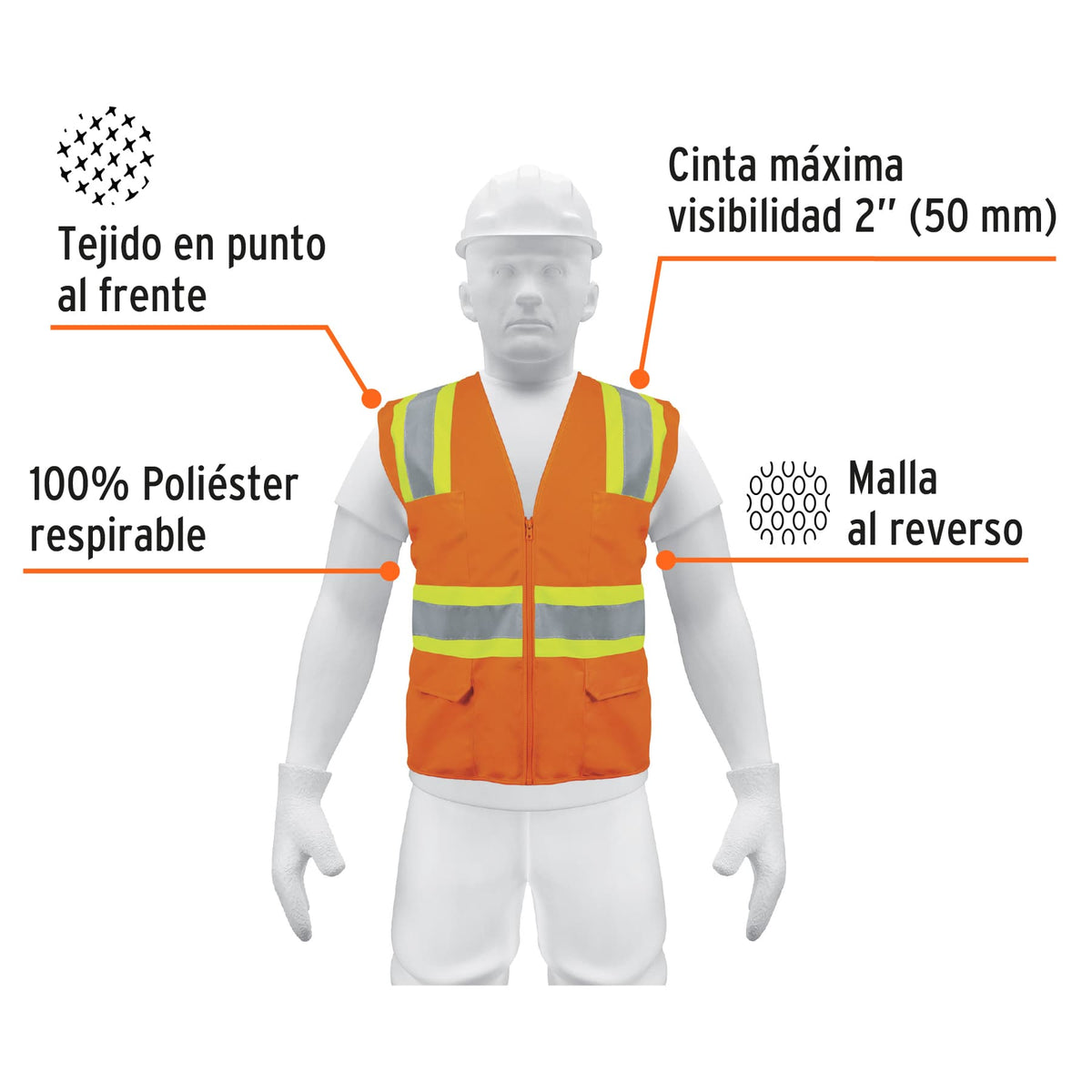Chaleco de seguridad, maxima visibilidad, con bolsas,naranja