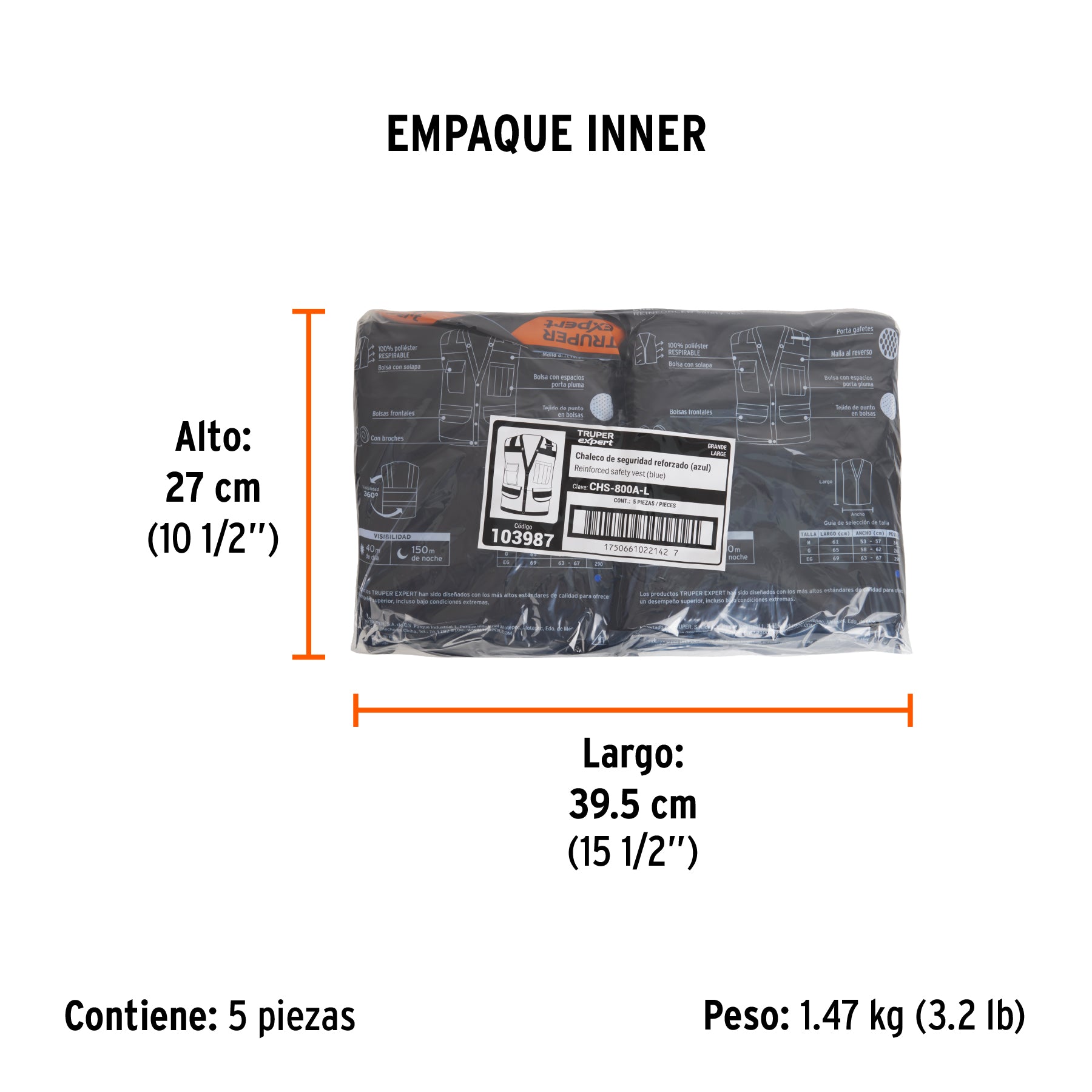 Chaleco seguridad reforzado azul con bolsas, G, EXPERT