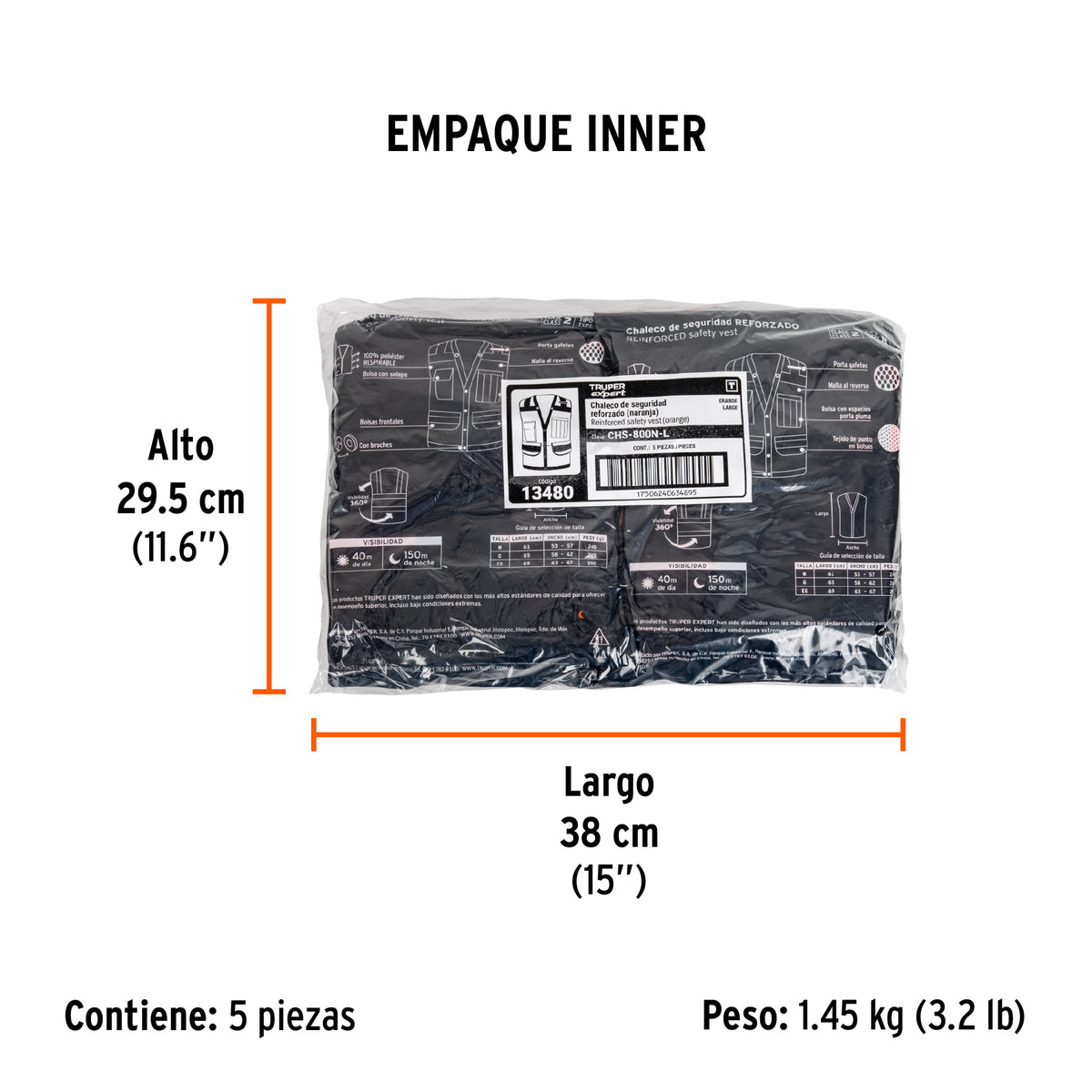 Chaleco de seguridad reforzado, con bolsas, naranja, grande