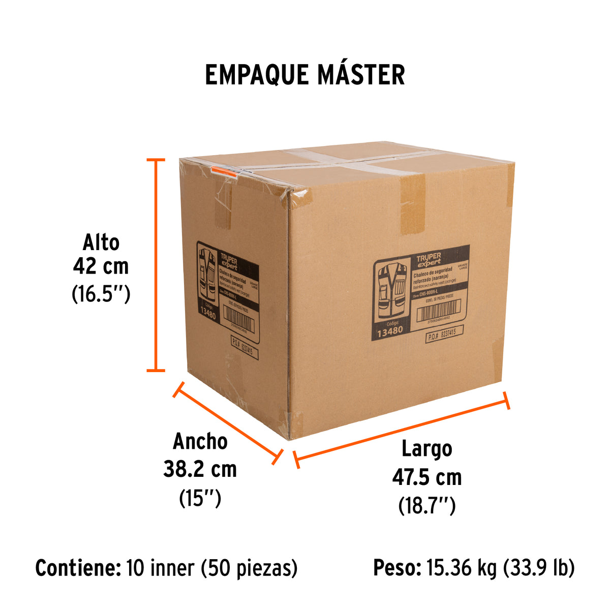 Chaleco de seguridad reforzado, con bolsas, naranja, grande