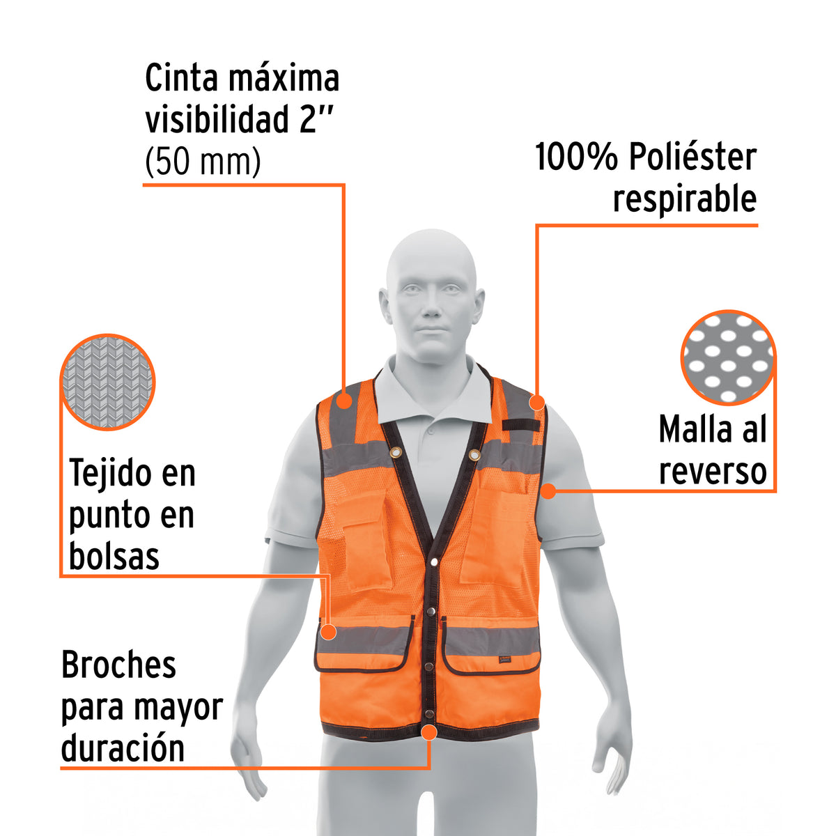 Chaleco de seguridad reforzado, con bolsas, naranja, grande