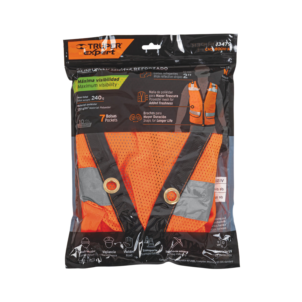 Chaleco de seguridad reforzado, con bolsas, naranja, mediano