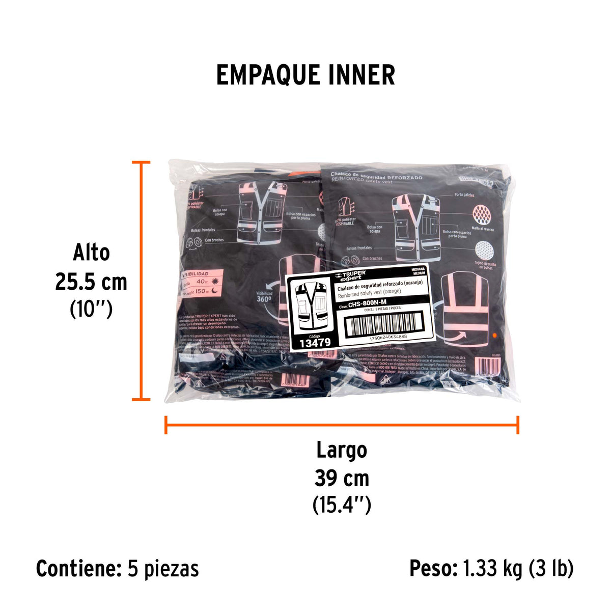 Chaleco de seguridad reforzado, con bolsas, naranja, mediano