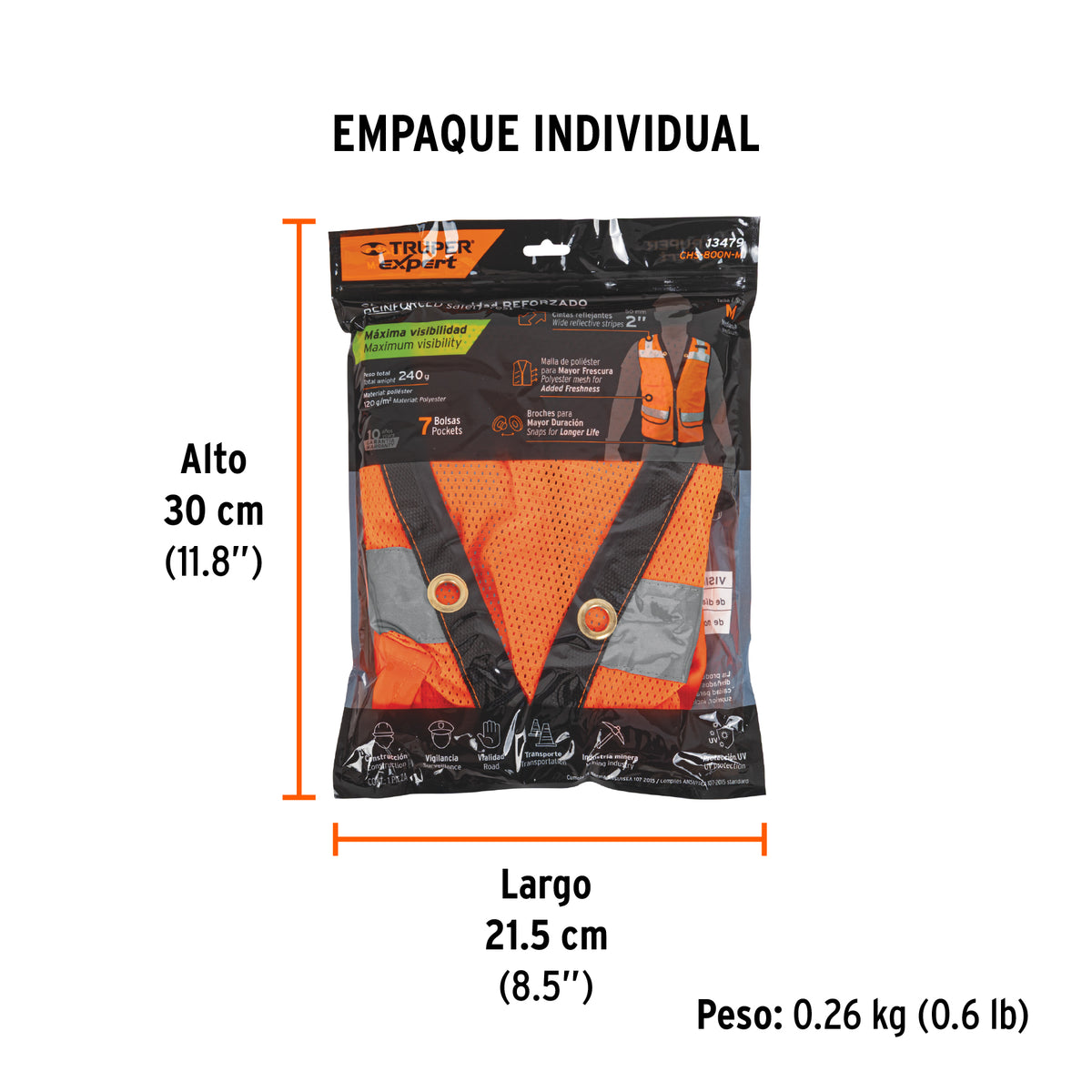 Chaleco de seguridad reforzado, con bolsas, naranja, mediano