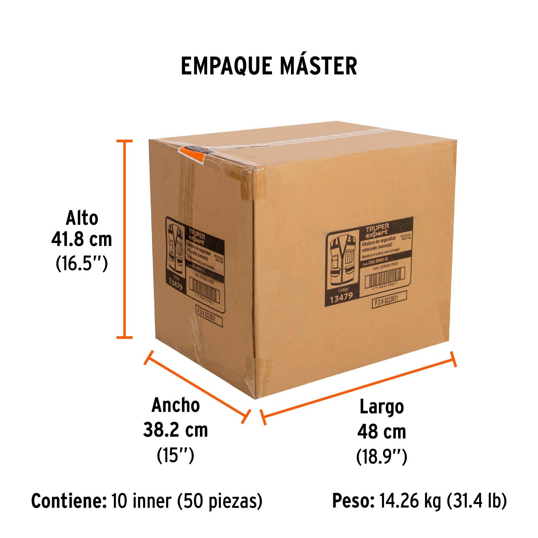 Chaleco de seguridad reforzado, con bolsas, naranja, mediano