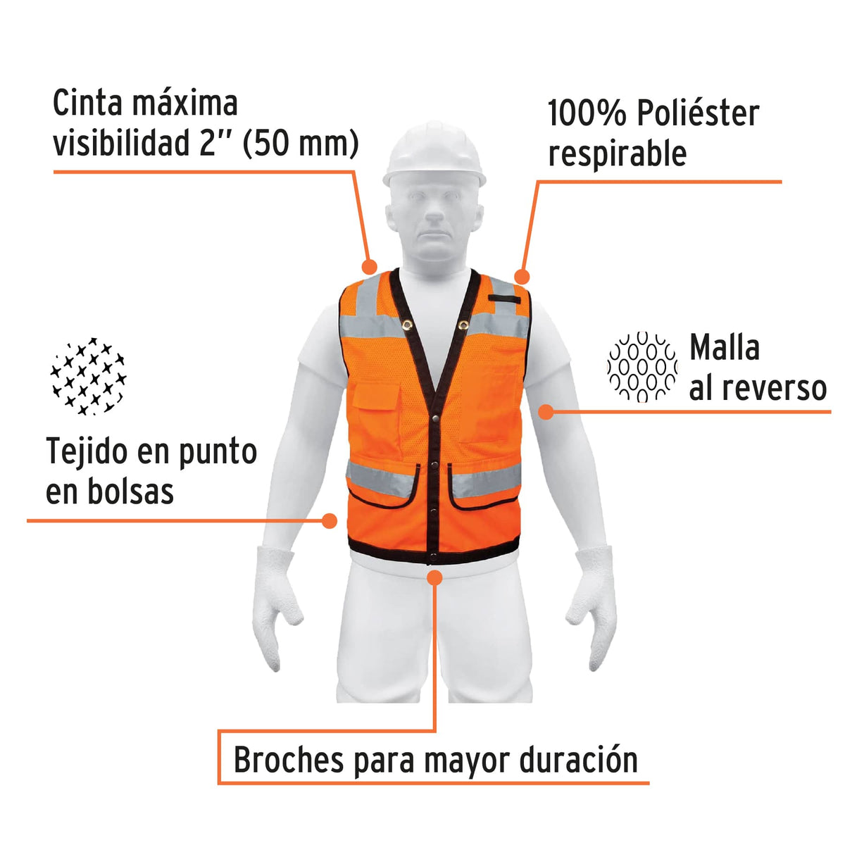 Chaleco seguridad reforzado, c/bolsas, naranja, extra grande