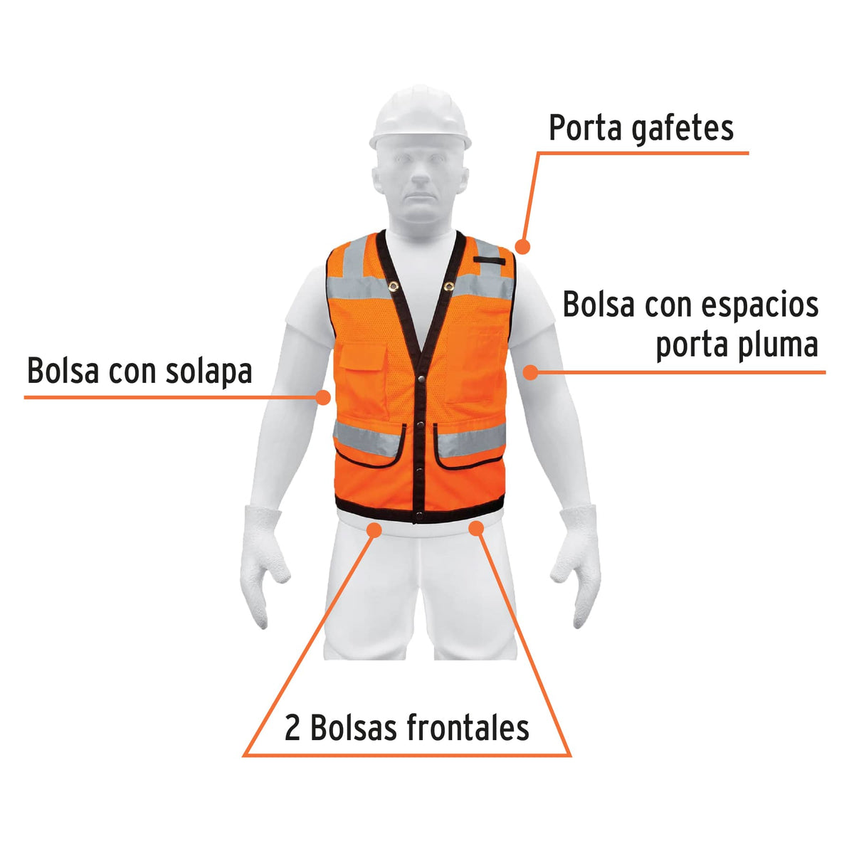 Chaleco seguridad reforzado, c/bolsas, naranja, extra grande
