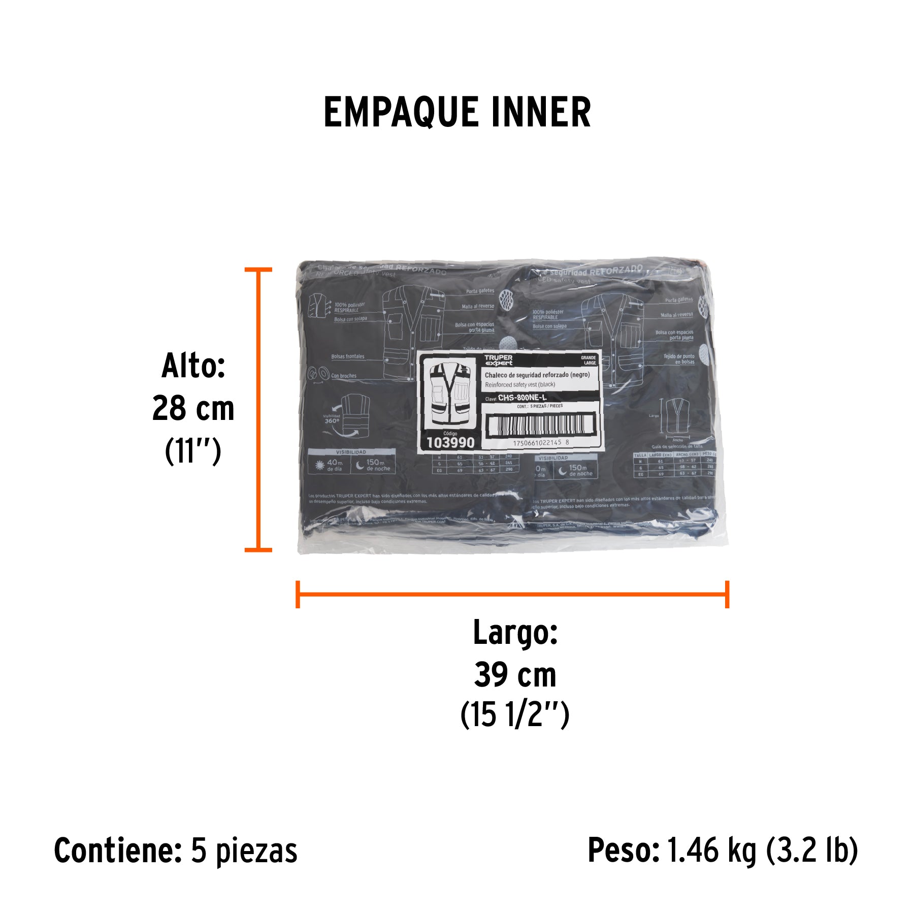 Chaleco seguridad reforzado negro con bolsas, G, EXPERT