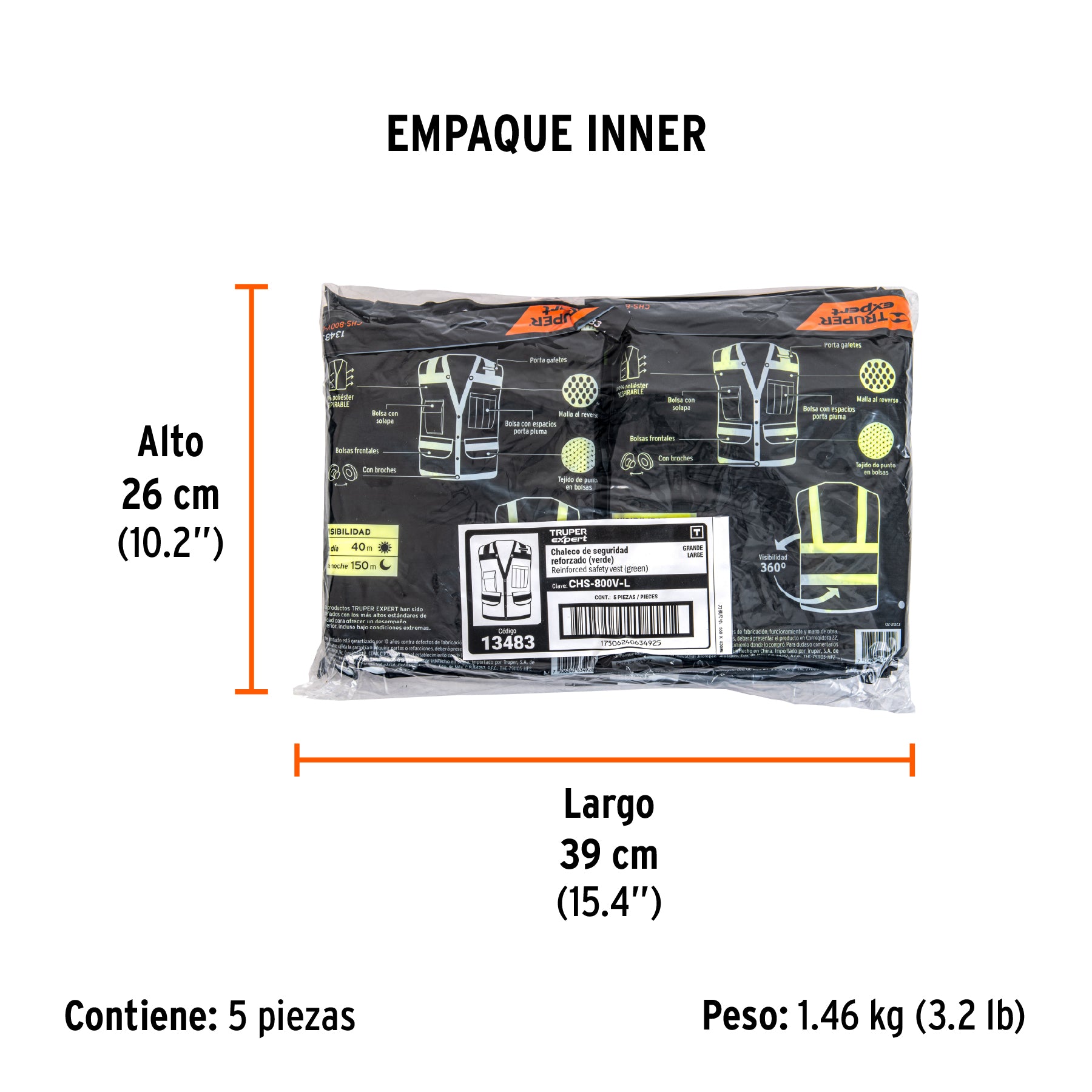 Chaleco de seguridad reforzado, con bolsas, verde, grande