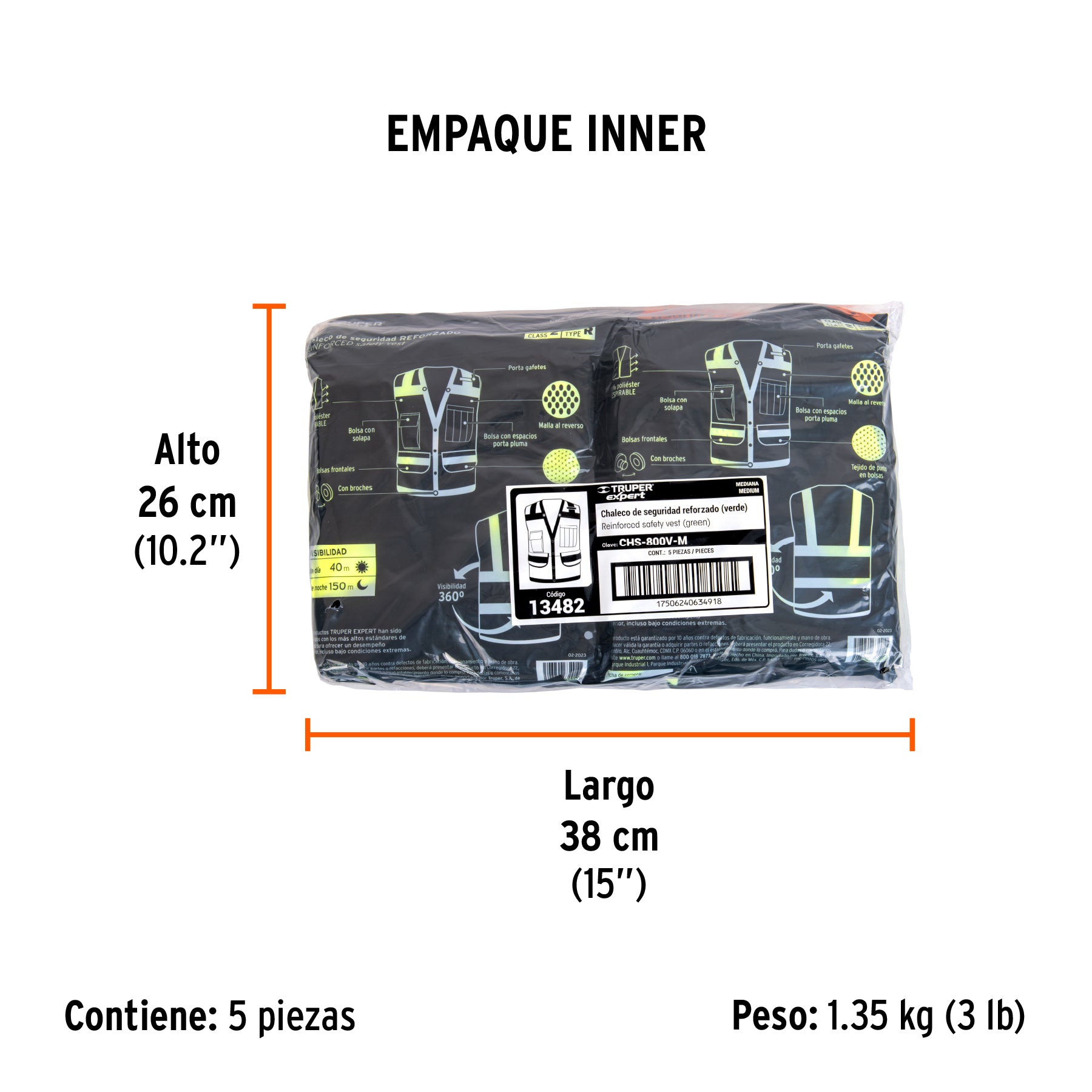 Chaleco de seguridad reforzado, con bolsas, verde, mediano