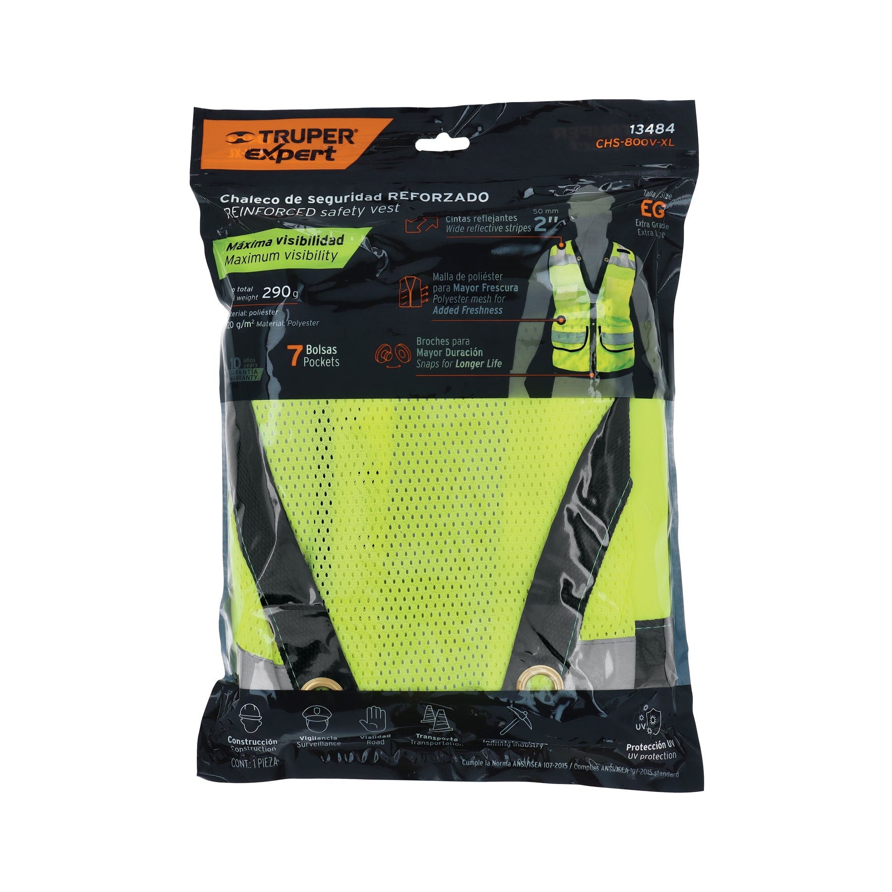 Chaleco seguridad reforzado, con bolsas, verde, extra grande