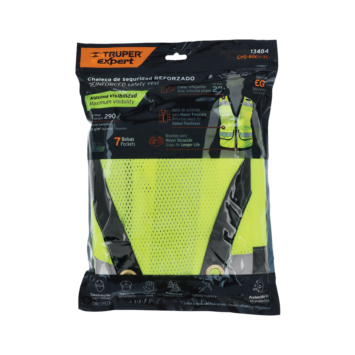 Chaleco seguridad reforzado, con bolsas, verde, extra grande