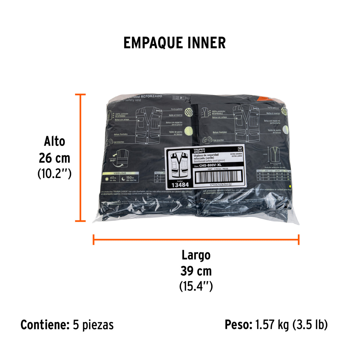 Chaleco seguridad reforzado, con bolsas, verde, extra grande