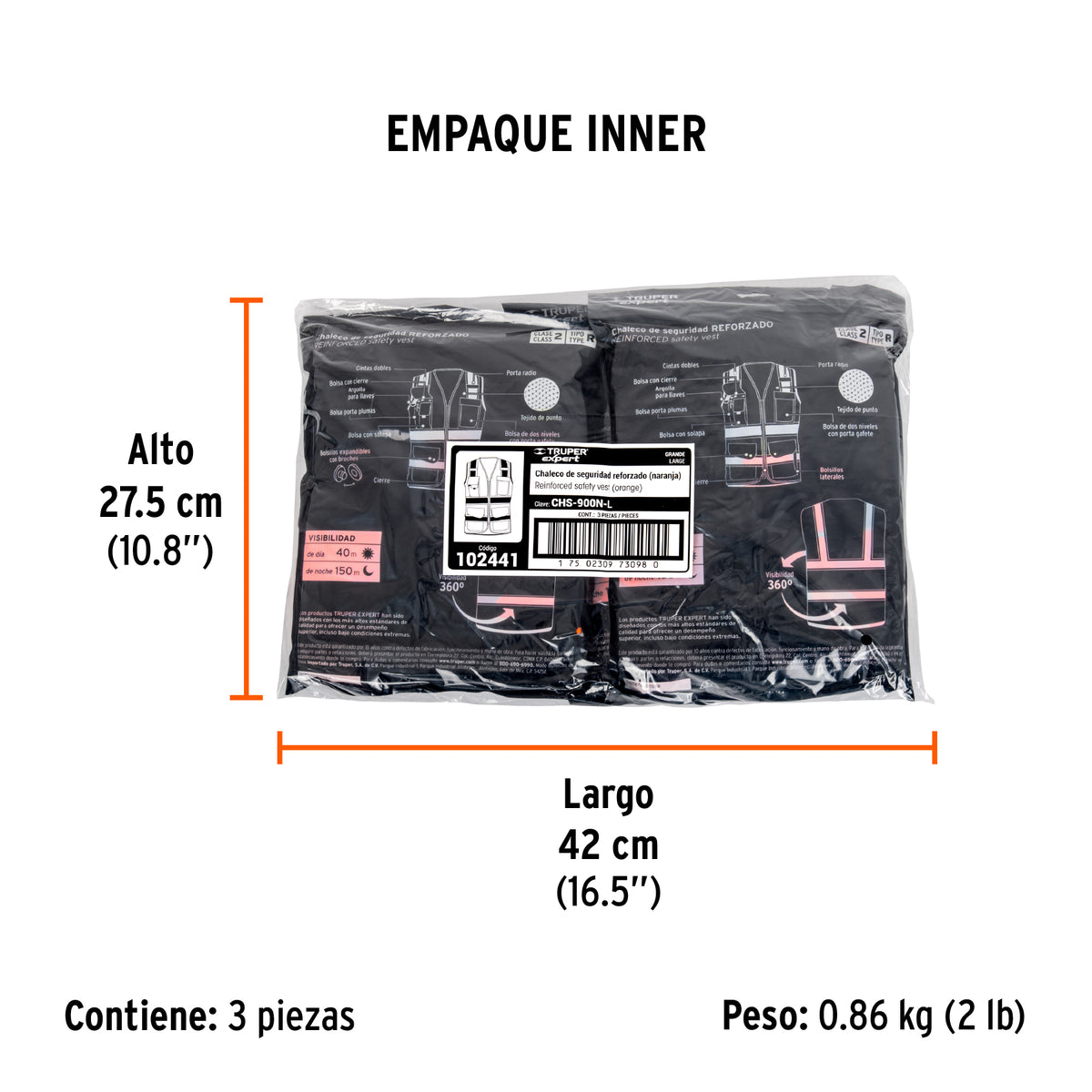 Chaleco de seguridad de alta visibilidad, naranja, grande