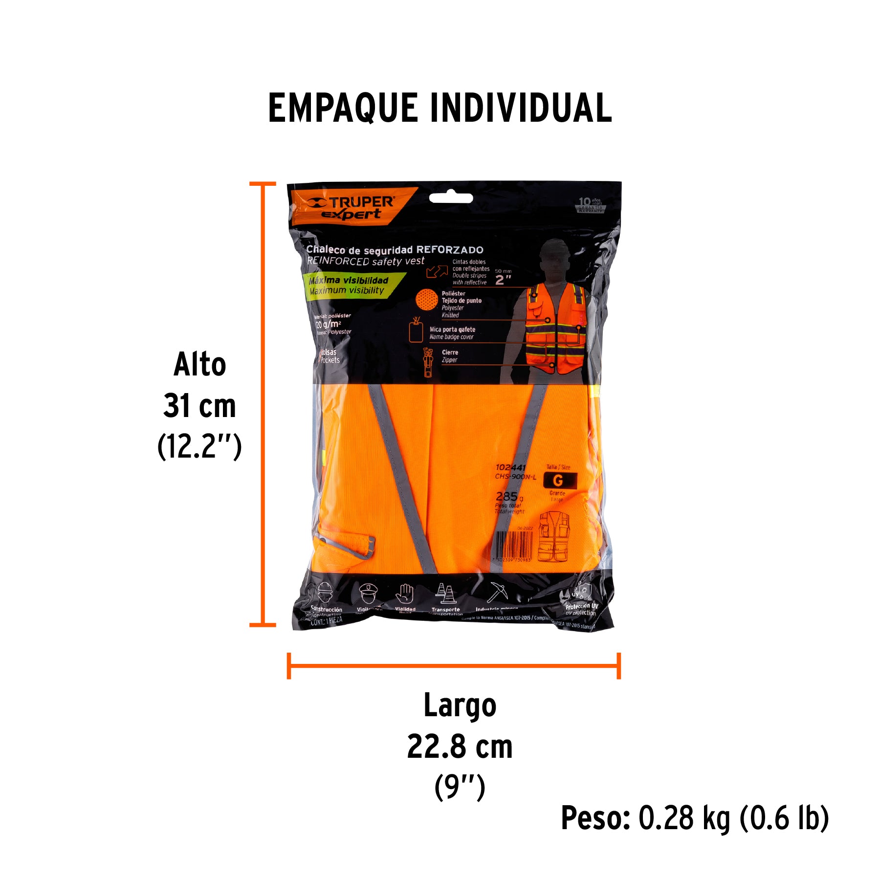 Chaleco de seguridad de alta visibilidad, naranja, grande