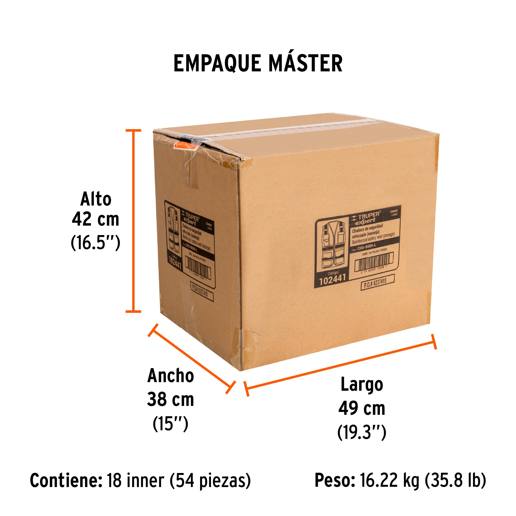 Chaleco de seguridad de alta visibilidad, naranja, grande