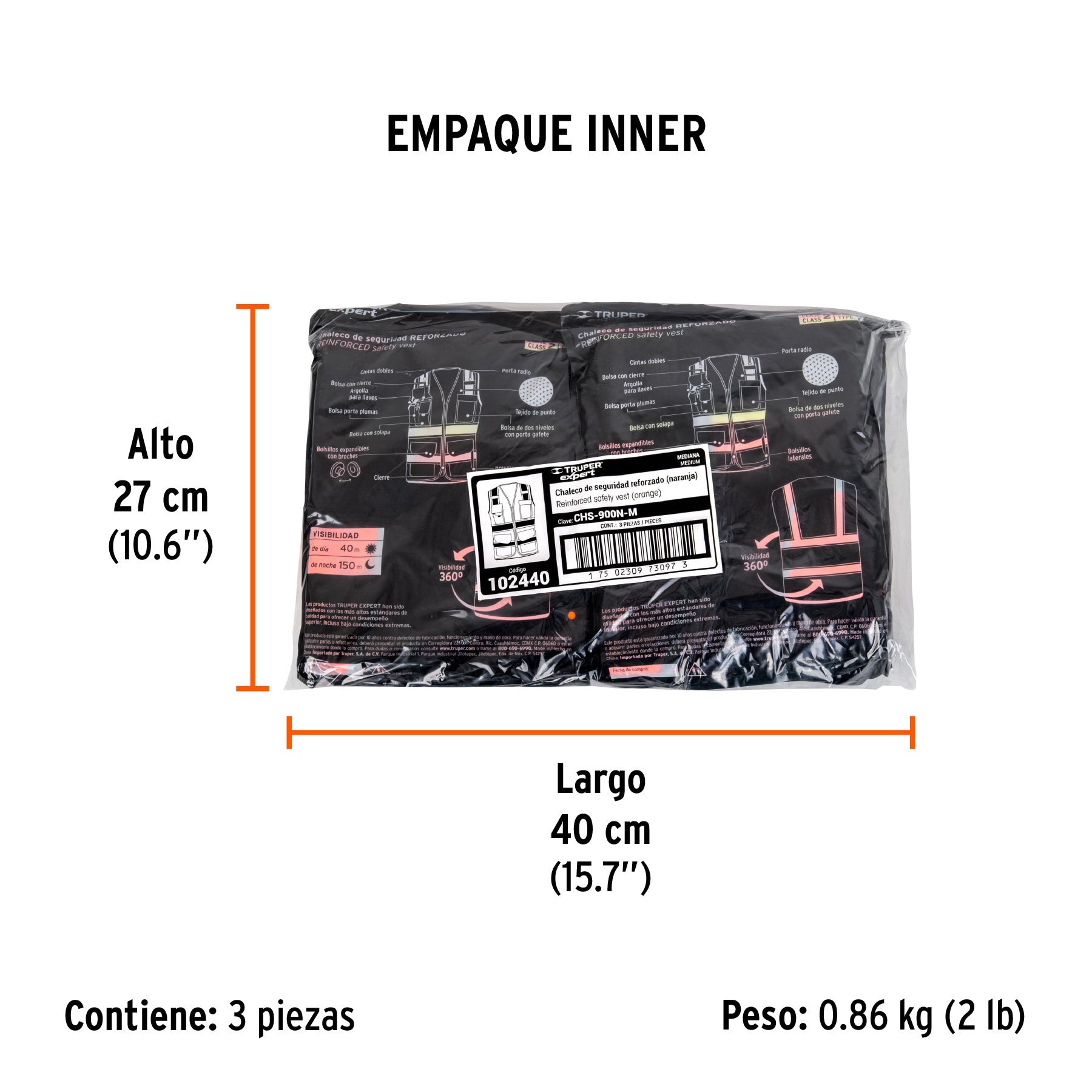 Chaleco de seguridad de alta visibilidad, naranja, mediano