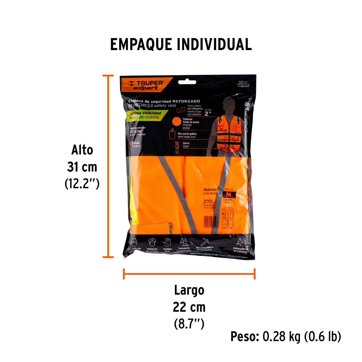 Chaleco de seguridad de alta visibilidad, naranja, mediano