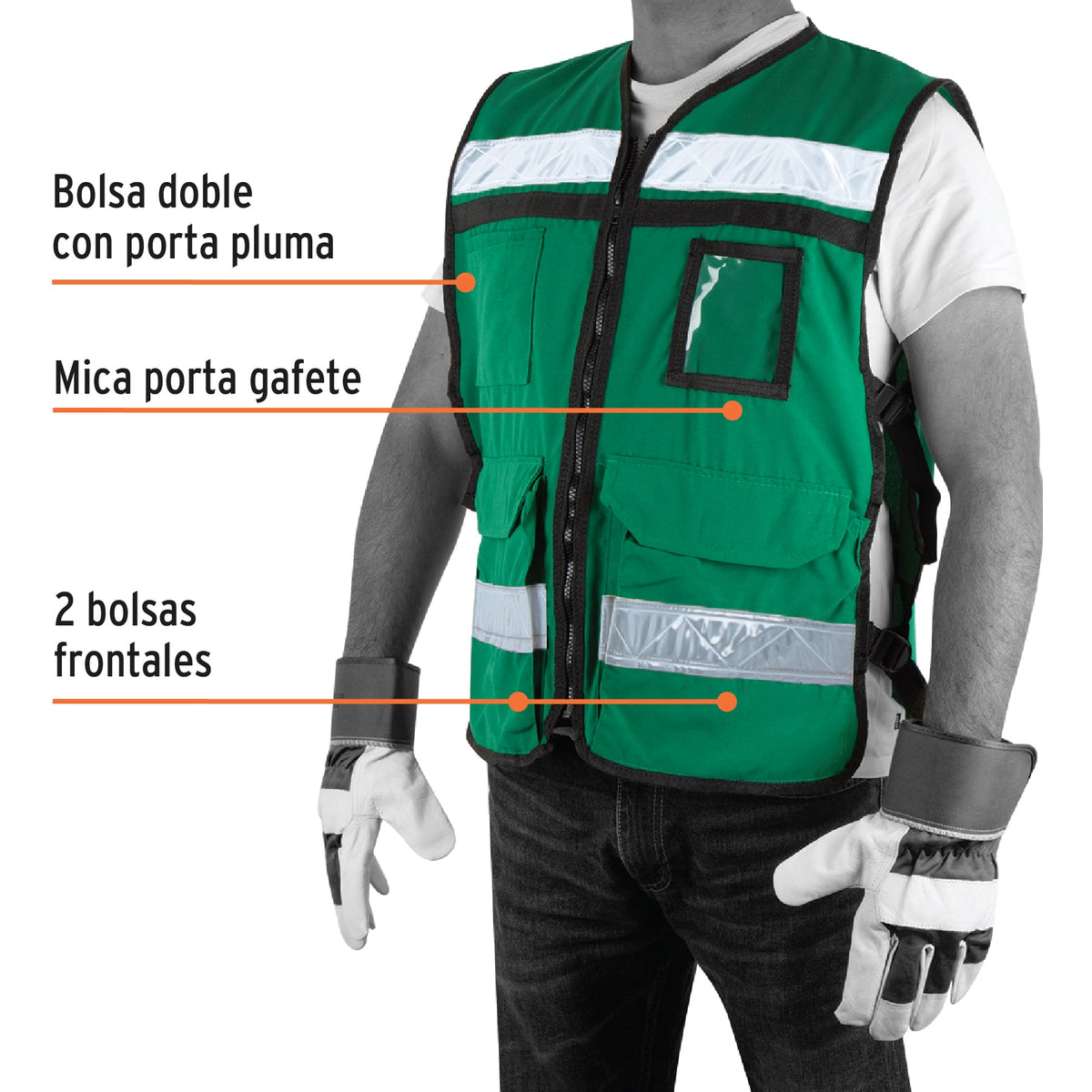 Chaleco brigadista con cintas reflejantes, color verde