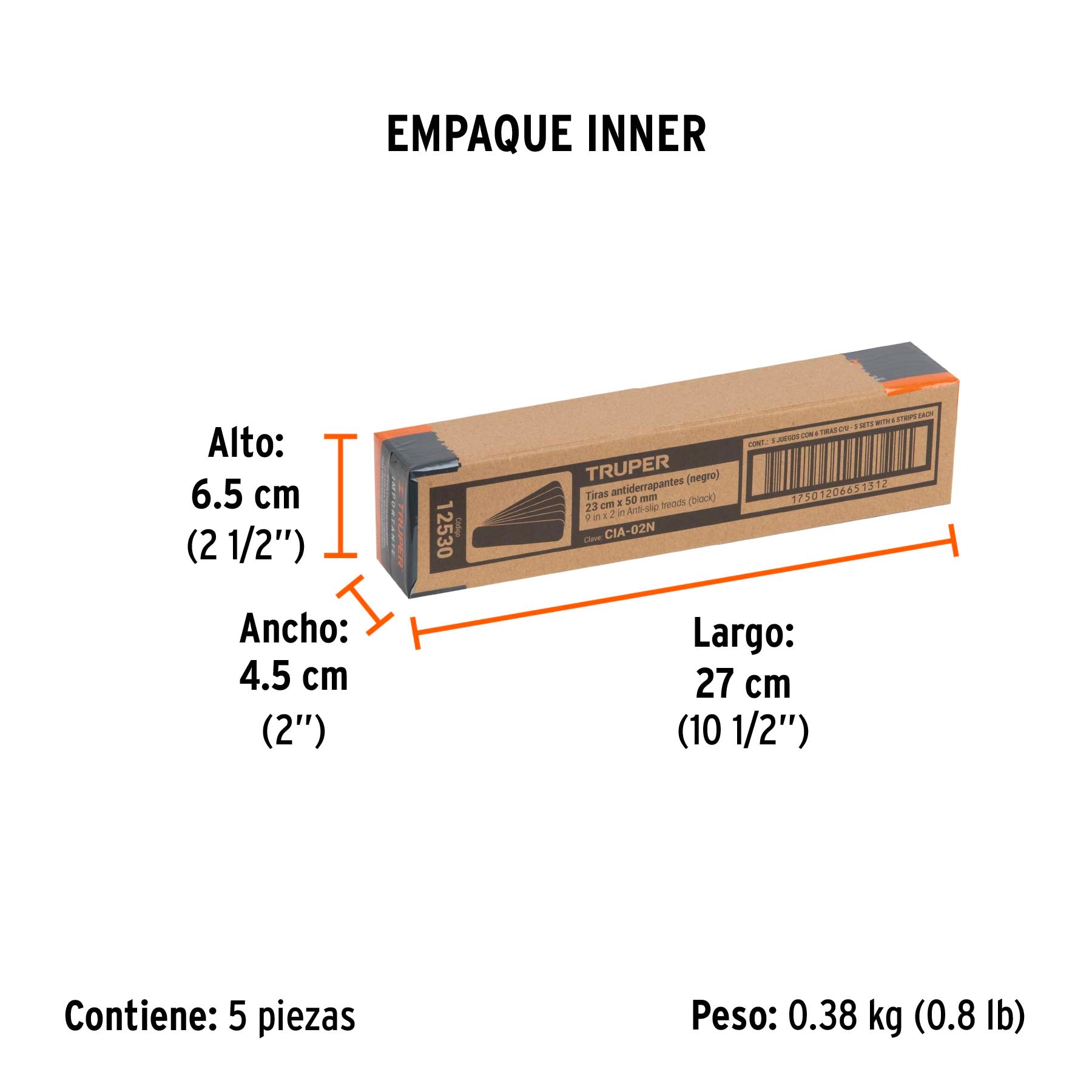 Tiras antiderrapantes con abrasivo, 50 mm, negras, 6 pzas