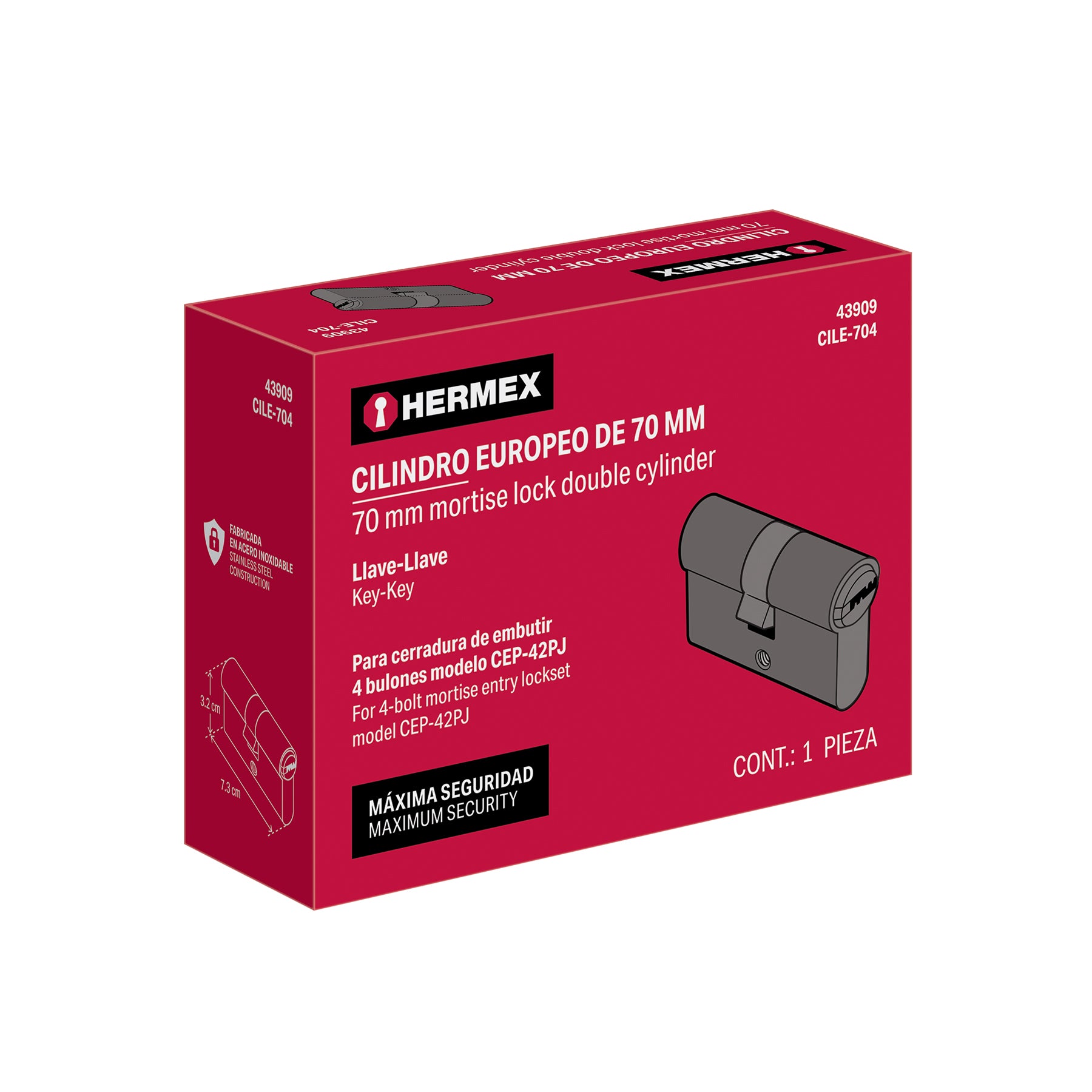 Cilindro Europeo de 70mm,llave-llave, HERMEX