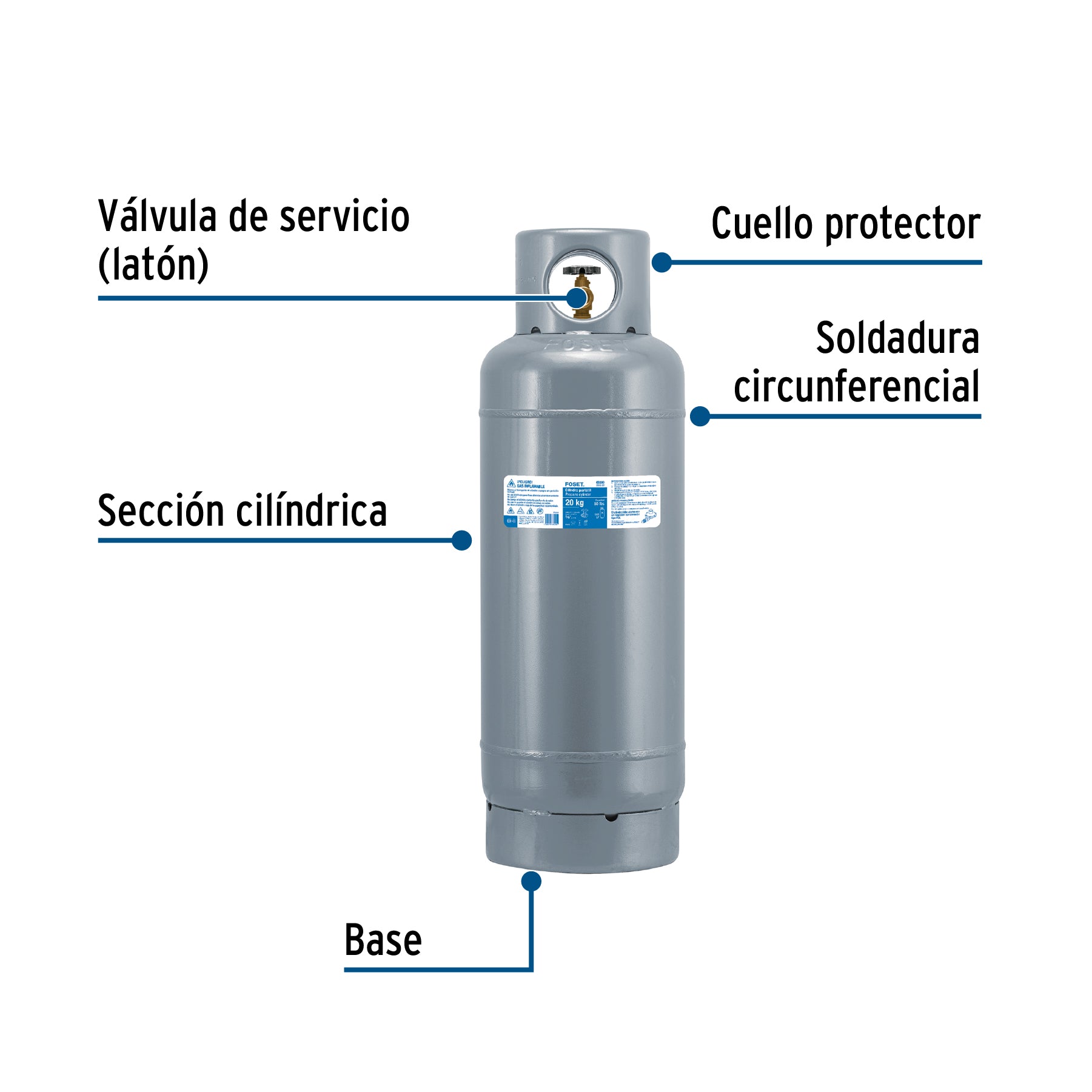 Cilindro portátil para gas LP, 20kg (44lb) Foset