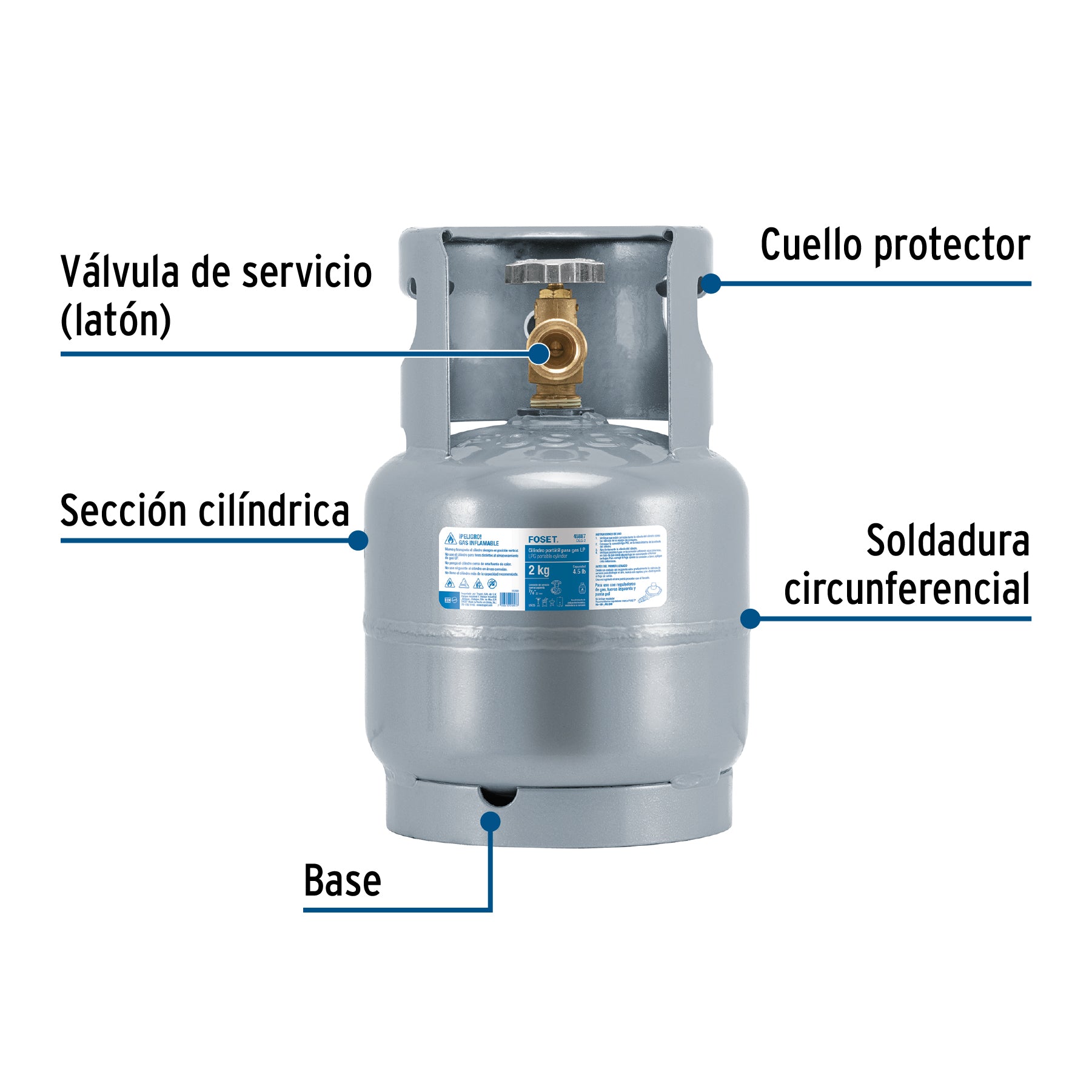 Cilindro portátil para gas LP, 2kg (4.5lb) Foset