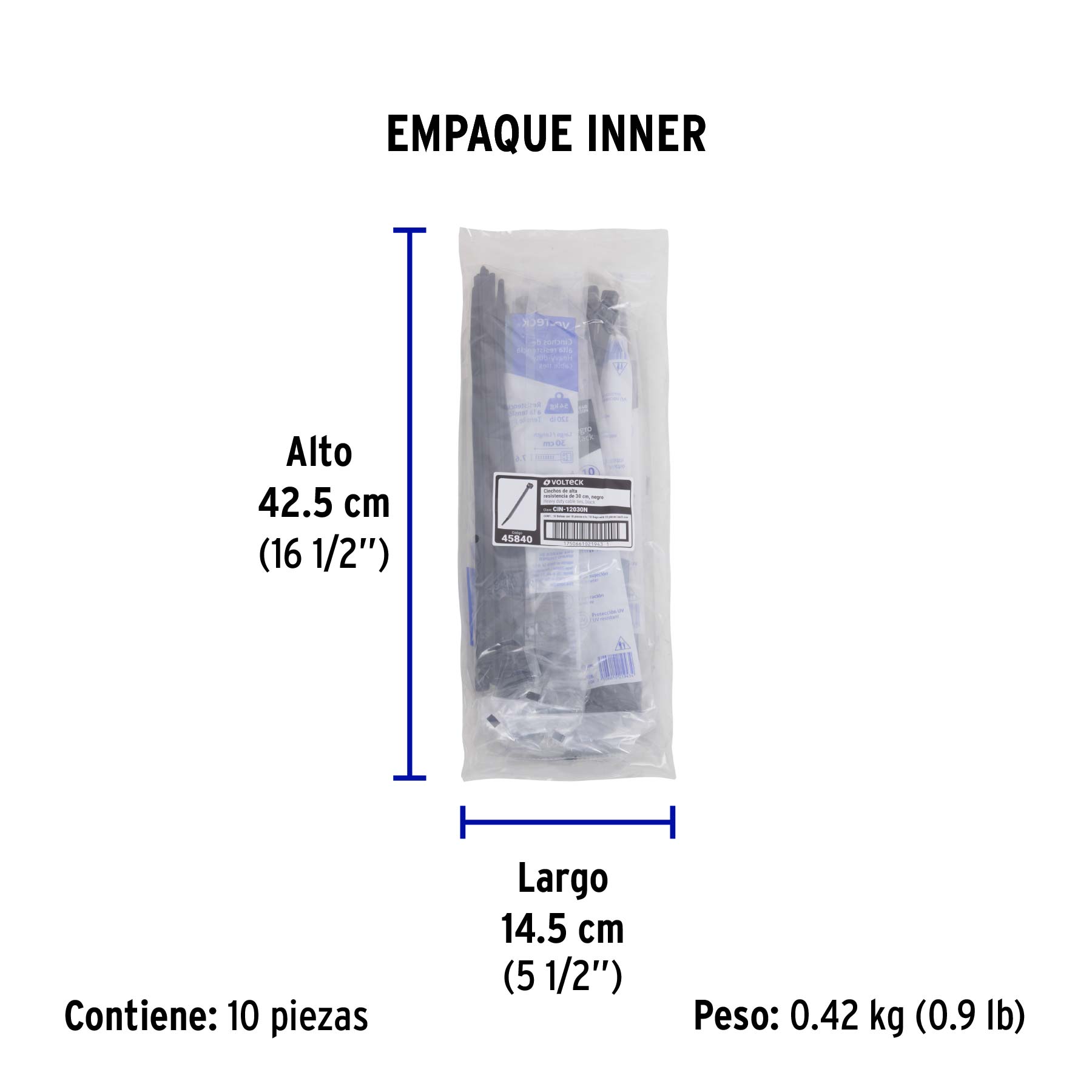 Bolsa con 10 cinchos plásticos 120 lb, 300 x 7.5 mm, negros