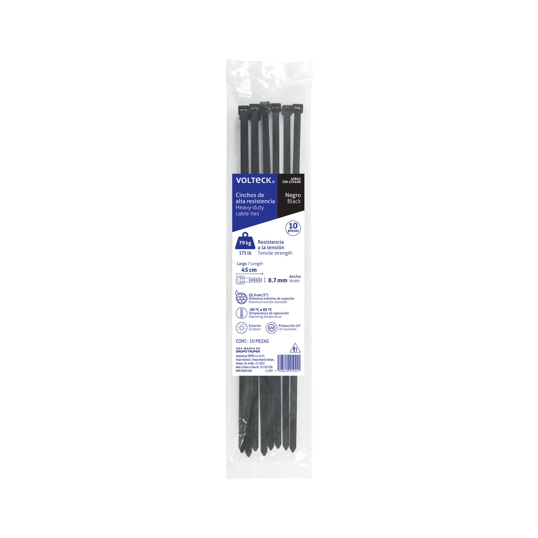Bolsa con 10 cinchos plásticos 175 lb, 450 x 9 mm, negros