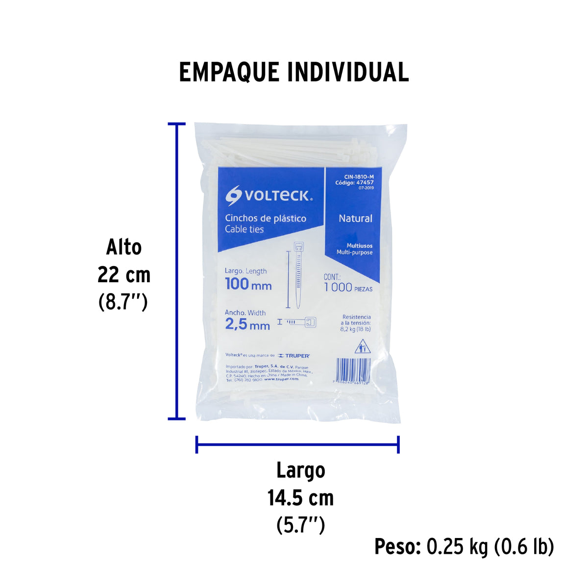 Cincho plástico, 18 lb, 10 cm, bolsa con 1000 pzas