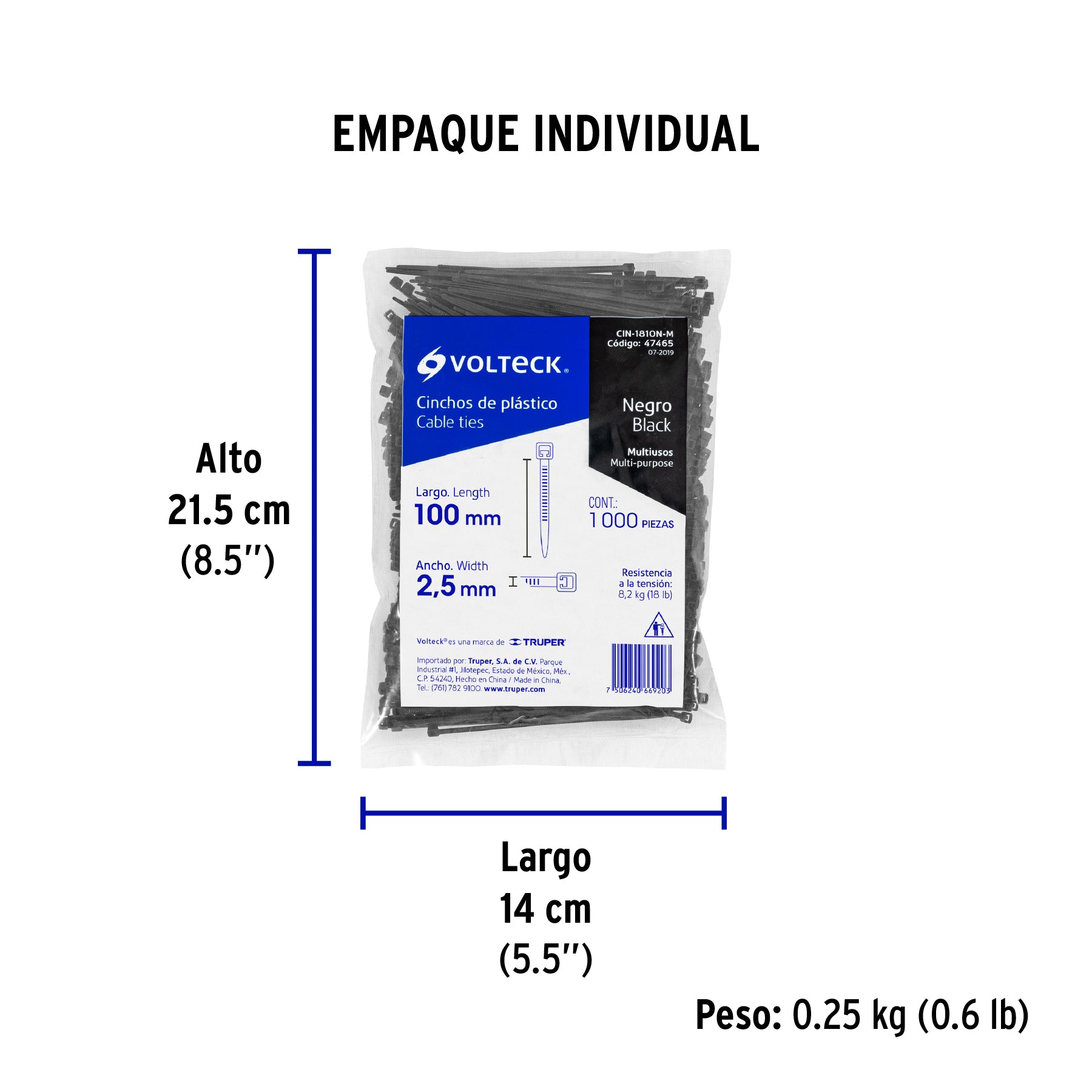 Cincho plástico, 18 lb, 10 cm, negro, bolsa con 1000 pzas