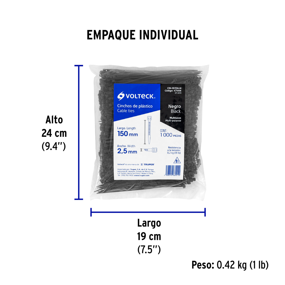 Cincho plástico, 18 lb, 15 cm, negro, bolsa con 1000 pzas
